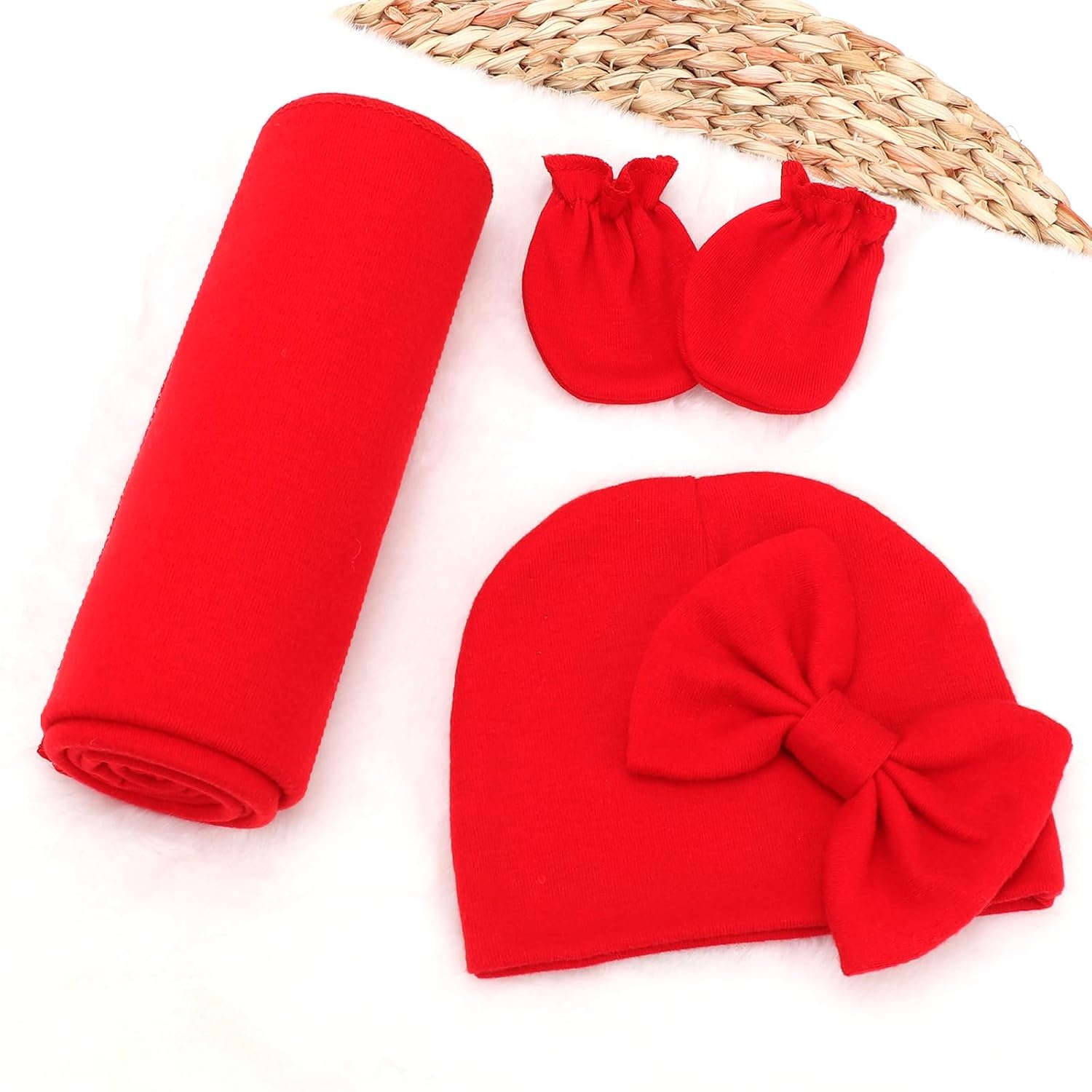image:imageBQUBO Newborn Receiving Blankets Cotton Warm Sleepsack with Mittens amp Bow Hats Hospital Baby Swaddling Shower Gift3 Set Plain Bow Hat Mitten Blanket K