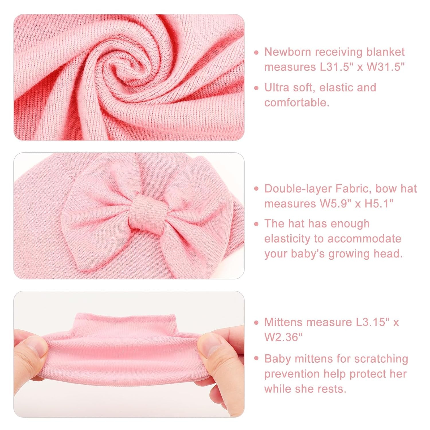 image:imageBQUBO Newborn Receiving Blankets Cotton Warm Sleepsack with Mittens amp Bow Hats Hospital Baby Swaddling Shower Gift3 Set Plain Bow Hat Mitten Blanket B