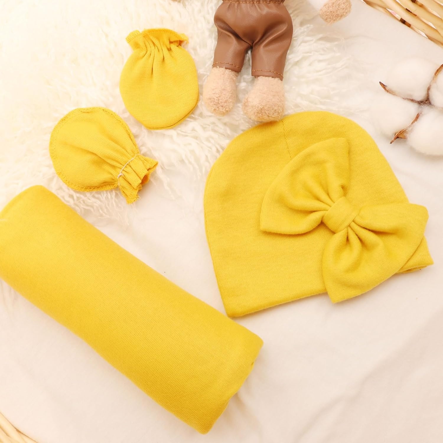 image:imageBQUBO Newborn Receiving Blankets Cotton Warm Sleepsack with Mittens amp Bow Hats Hospital Baby Swaddling Shower Gift3 Set Plain Bow Hat Mitten Blanket B