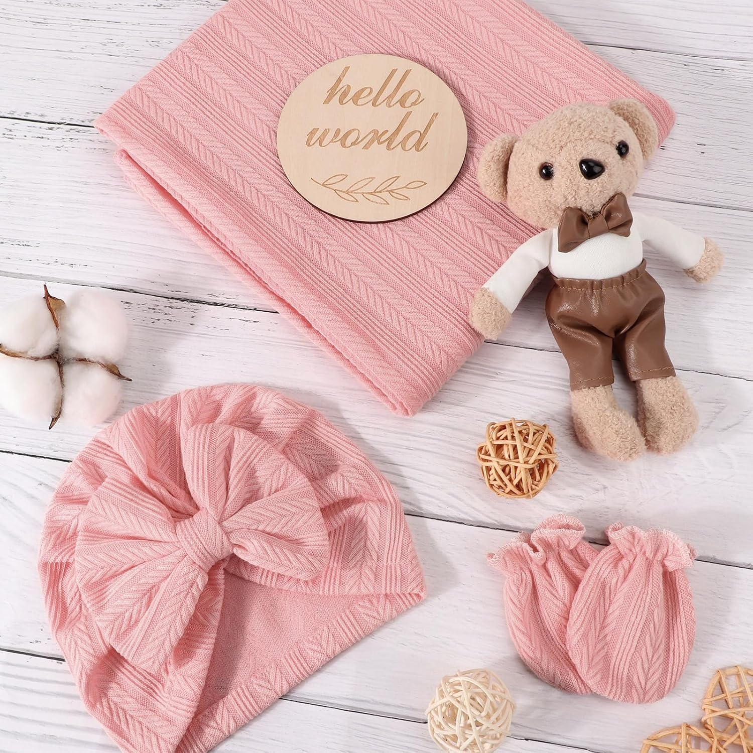 image:imageBQUBO Newborn Receiving Blankets Cotton Warm Sleepsack with Mittens amp Bow Hats Hospital Baby Swaddling Shower Gift3 Set Plain Bow Hat Mitten Blanket G
