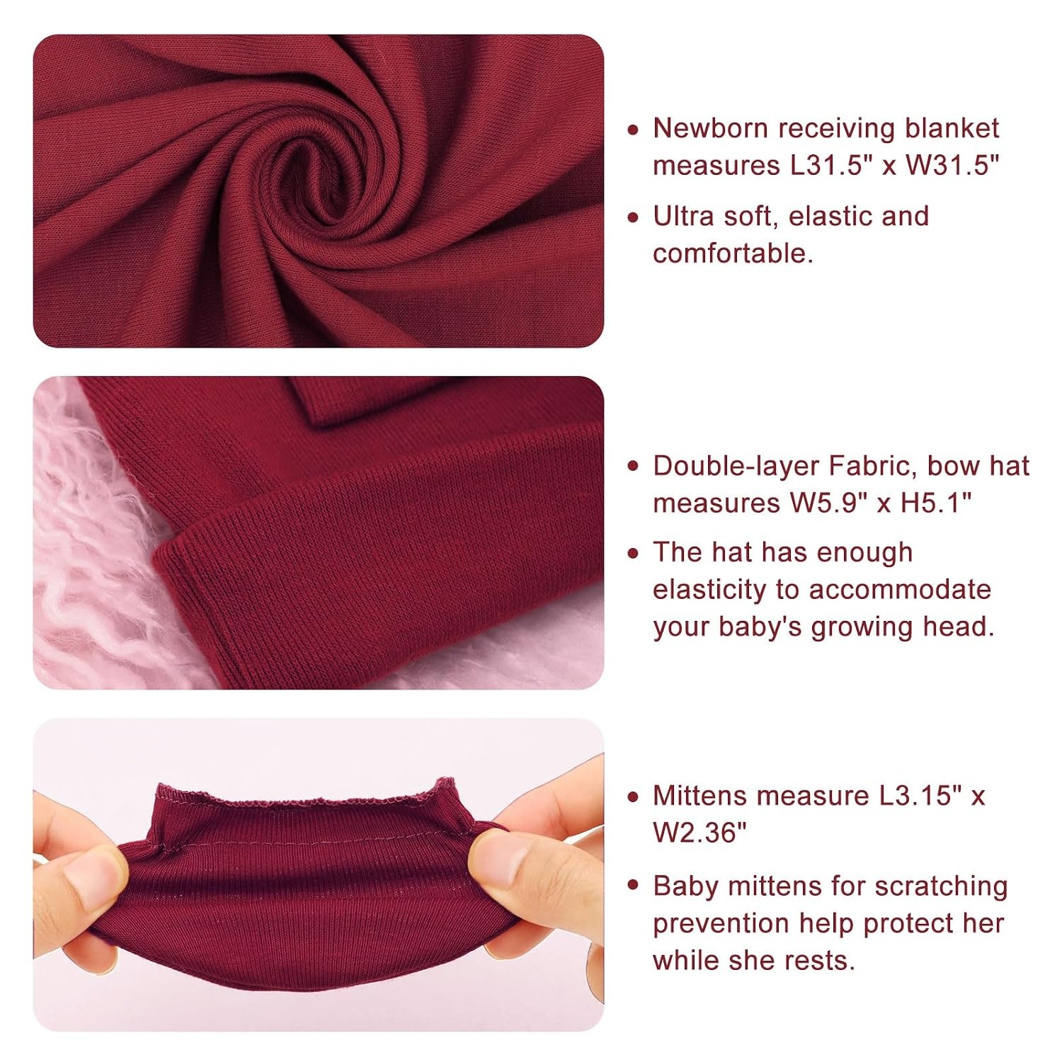 image:imageBQUBO Newborn Receiving Blankets Cotton Warm Sleepsack with Mittens amp Bow Hats Hospital Baby Swaddling Shower Gift3 Set Plain Bow Hat Mitten Blanket C