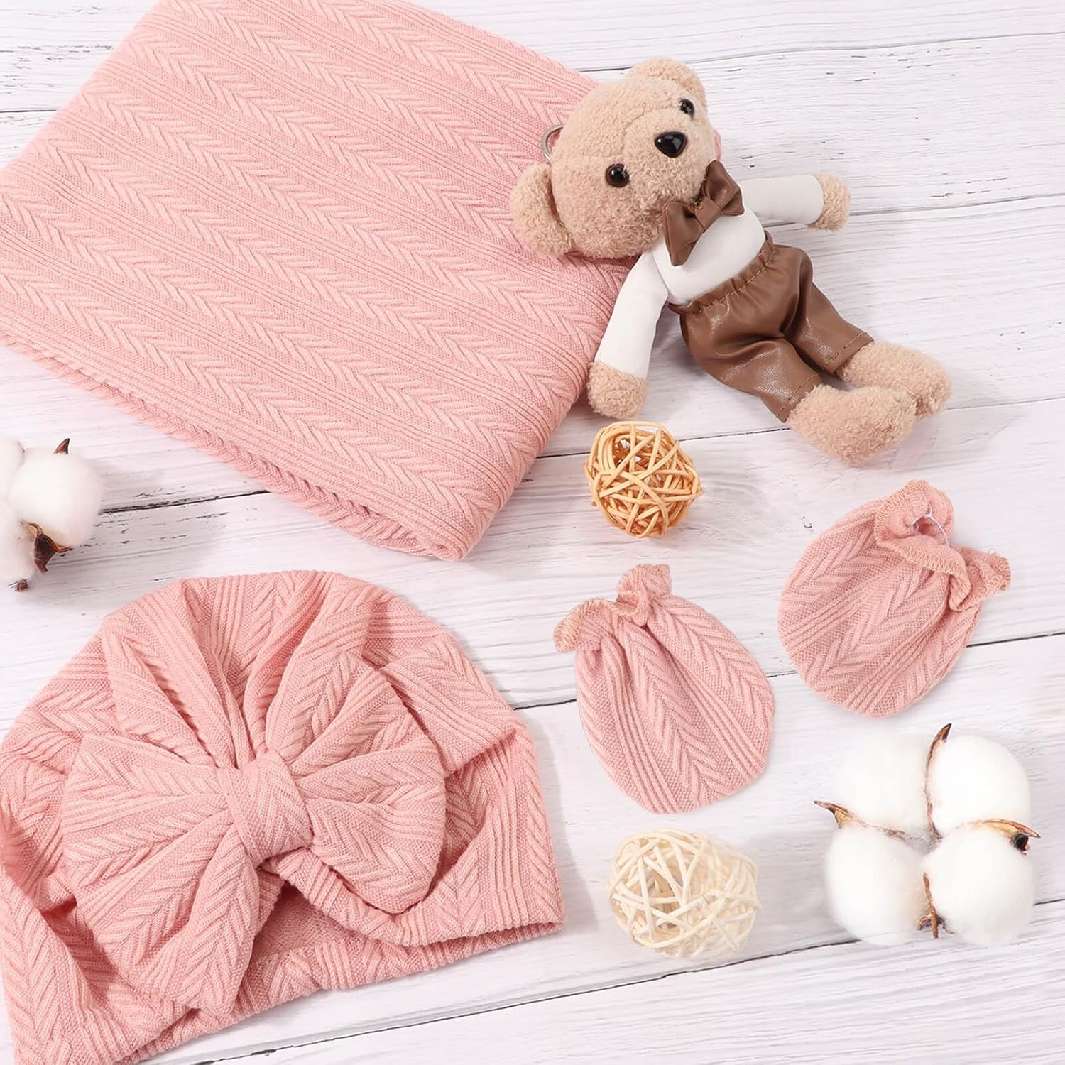 image:imageBQUBO Newborn Receiving Blankets Cotton Warm Sleepsack with Mittens amp Bow Hats Hospital Baby Swaddling Shower Gift3 Set Plain Bow Hat Mitten Blanket L