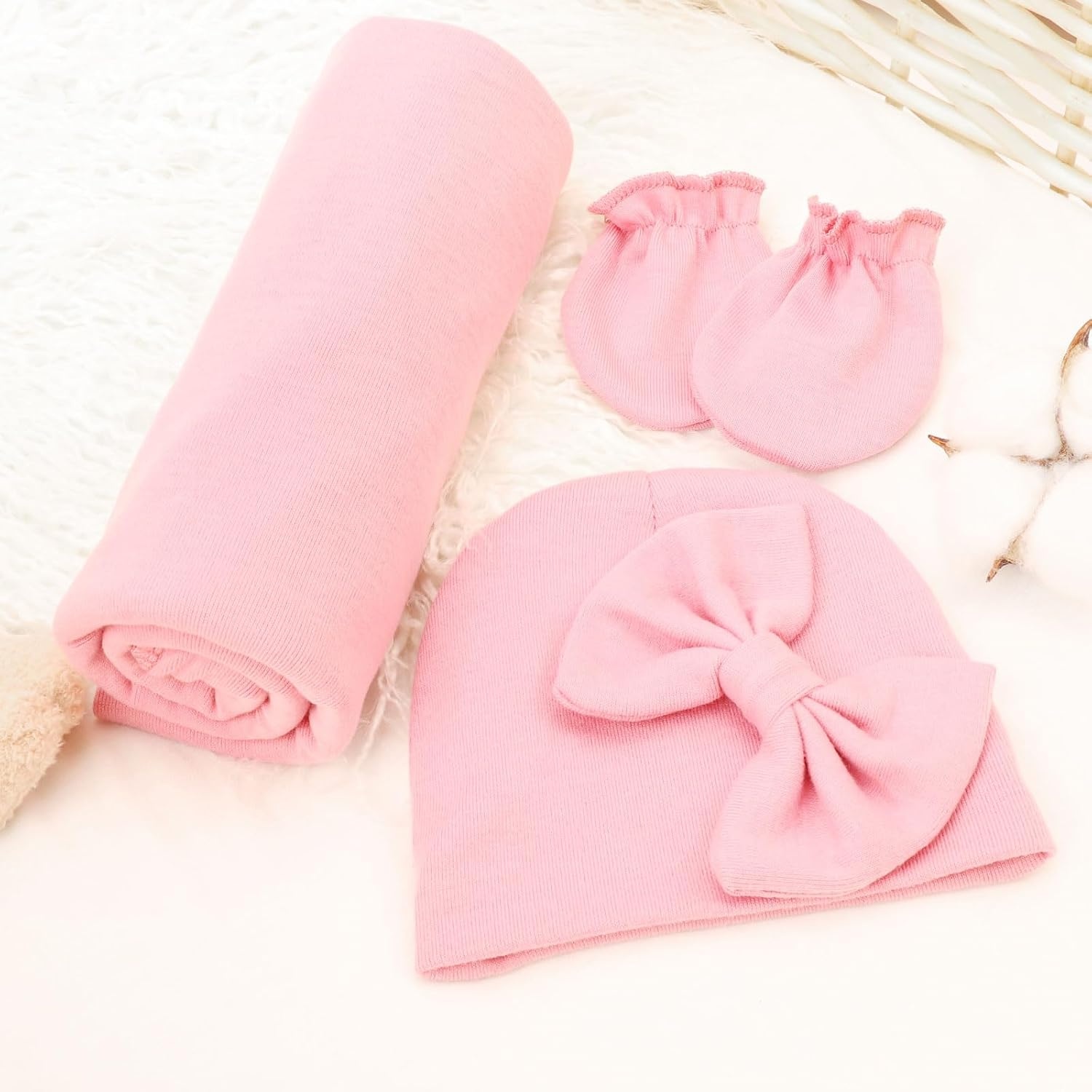 image:imageBQUBO Newborn Receiving Blankets Cotton Warm Sleepsack with Mittens amp Bow Hats Hospital Baby Swaddling Shower Gift3 Set Plain Bow Hat Mitten Blanket F