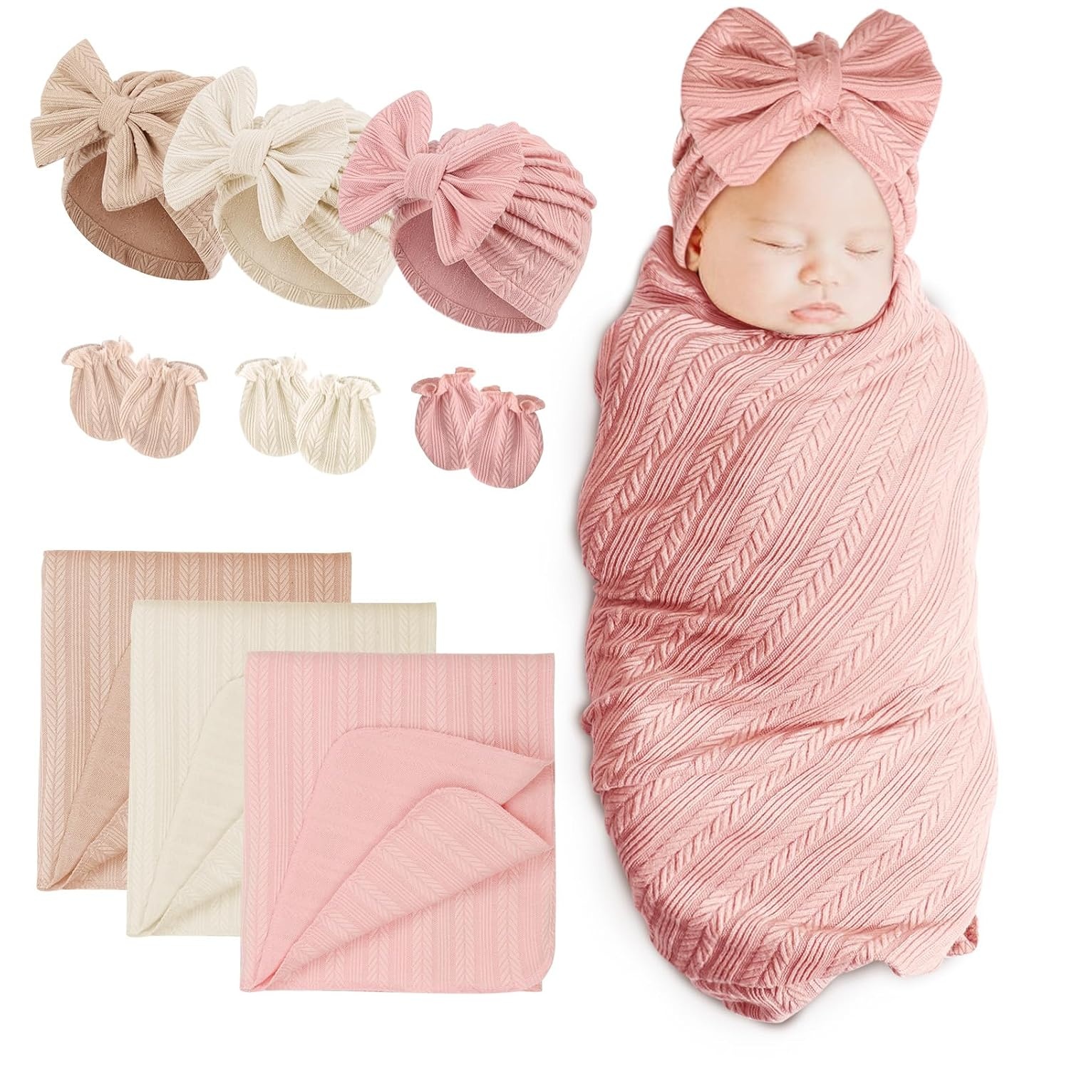 image:imageBQUBO Newborn Receiving Blankets Cotton Warm Sleepsack with Mittens amp Bow Hats Hospital Baby Swaddling Shower Gift3 Set Plain Bow Hat Mitten Blanket E