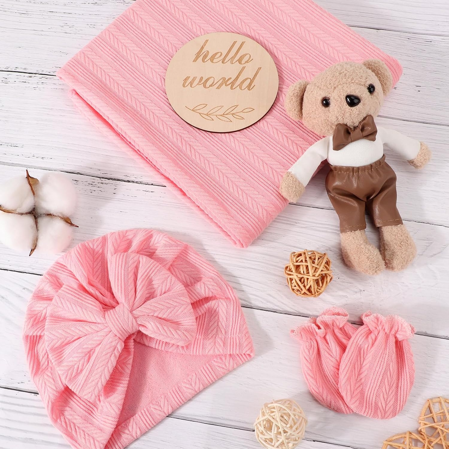 image:imageBQUBO Newborn Receiving Blankets Cotton Warm Sleepsack with Mittens amp Bow Hats Hospital Baby Swaddling Shower Gift3 Set Plain Bow Hat Mitten Blanket H