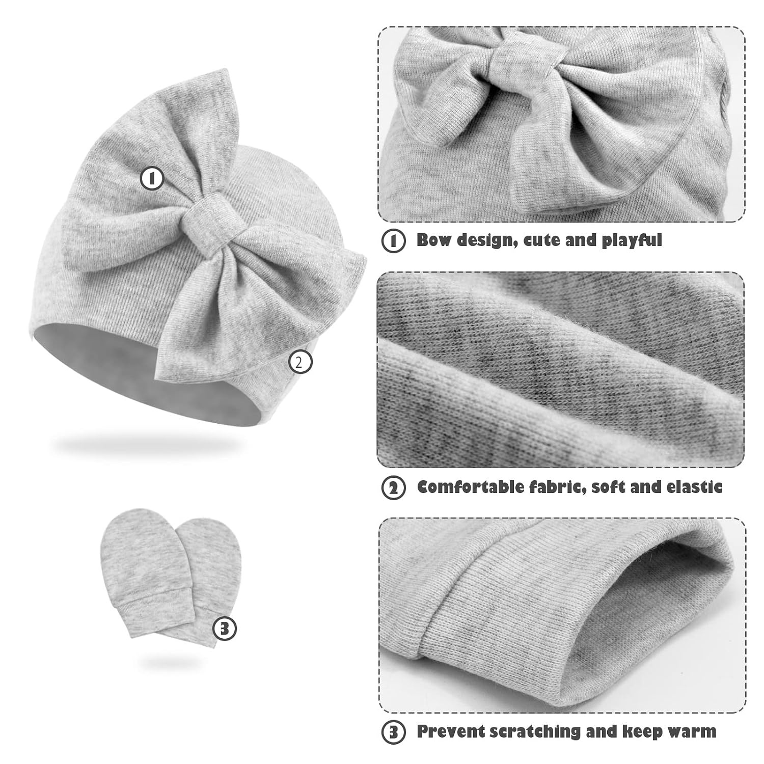 image:imageBQUBO Newborn Receiving Blankets Cotton Warm Sleepsack with Mittens amp Bow Hats Hospital Baby Swaddling Shower Gift3 Set Plain Hats Mittens Blankets