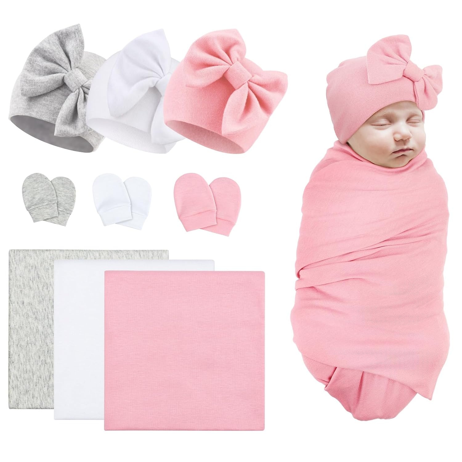 image:imageBQUBO Newborn Receiving Blankets Cotton Warm Sleepsack with Mittens amp Bow Hats Hospital Baby Swaddling Shower Gift3 Set Plain Hats Mittens Blankets