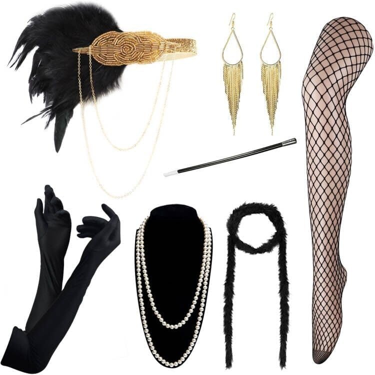 image:imageDRESHOW 1920s Great Gatsby Accessories for Women Flapper Headpiece Headband Gloves Costume Harlem Nights Accessories Set1920s Gatsby Black Gold Chain Fringe Set
