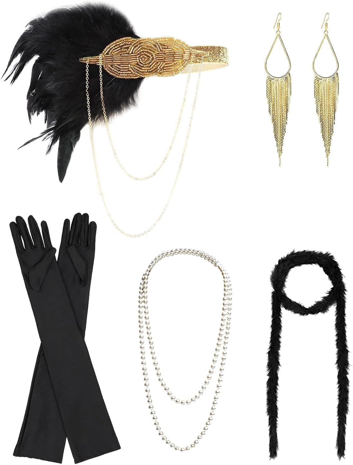image:imageDRESHOW 1920s Great Gatsby Accessories for Women Flapper Headpiece Headband Gloves Costume Harlem Nights Accessories Set1920s Gatsby Black Gold Chain Fringe Set