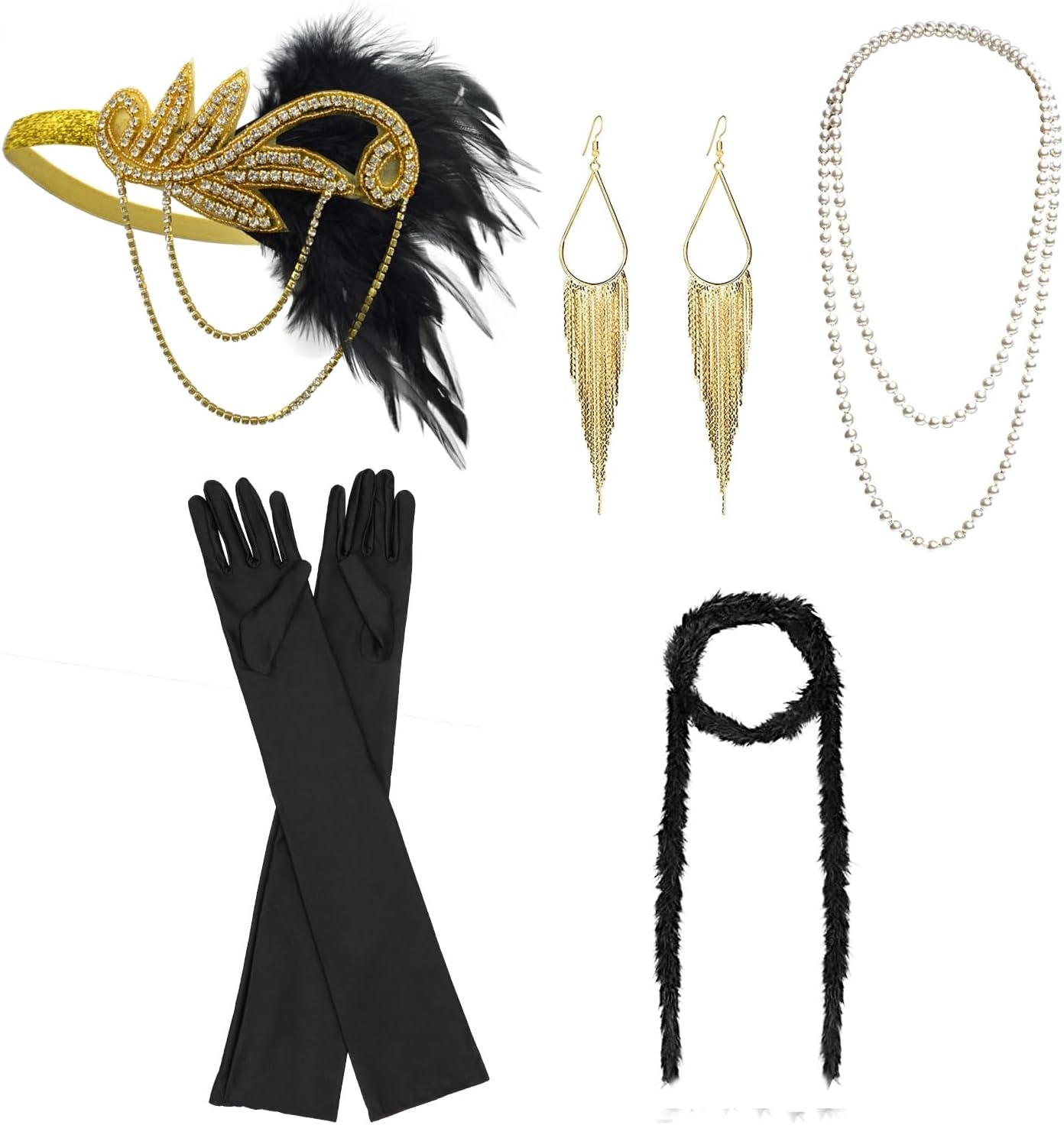 image:imageDRESHOW 1920s Great Gatsby Accessories for Women Flapper Headpiece Headband Gloves Costume Harlem Nights Accessories Set1920s Gatsby Black Gold Fringe Earrings Set