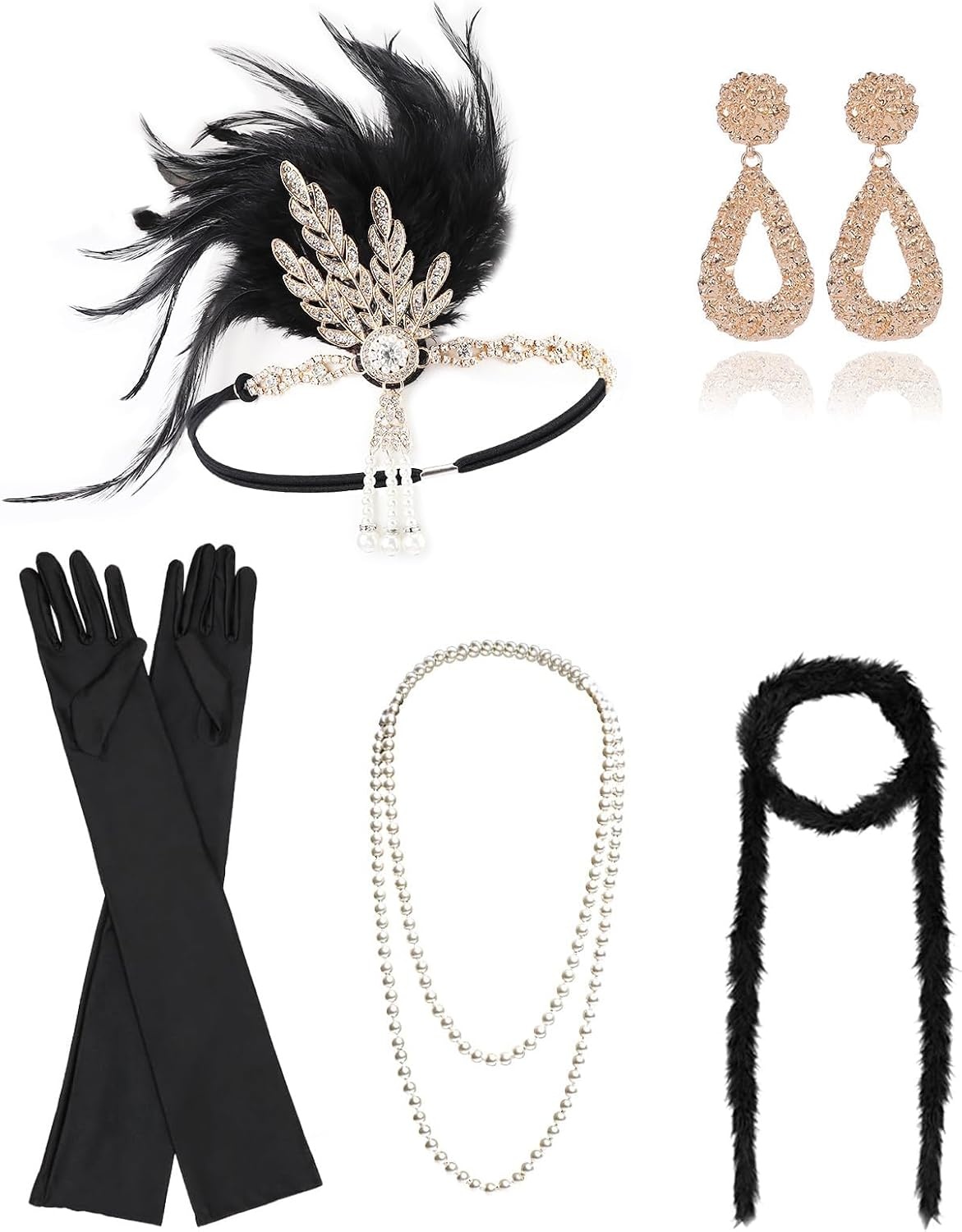 image:imageDRESHOW 1920s Great Gatsby Accessories for Women Flapper Headpiece Headband Gloves Costume Harlem Nights Accessories Set1920s Gatsby Black Gold Leaf Champagne Set