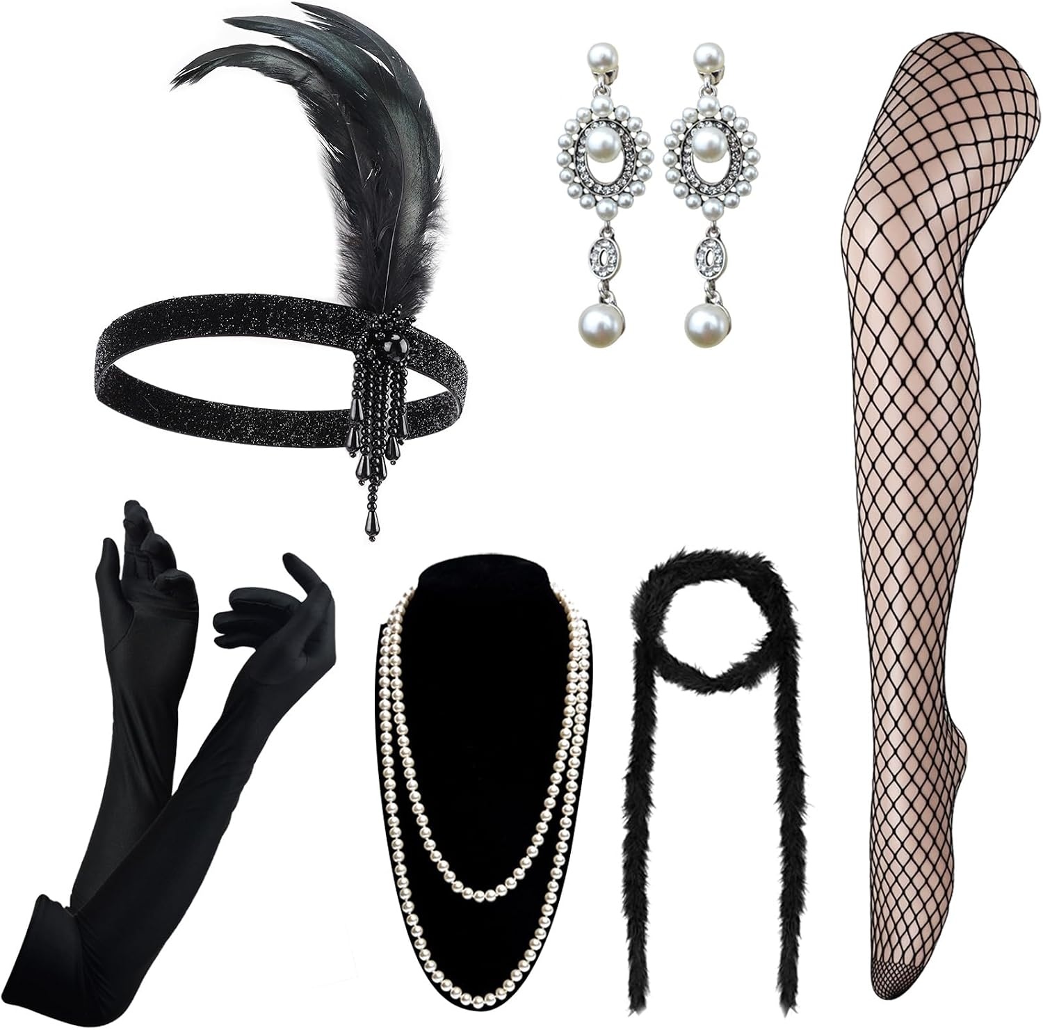 image:imageDRESHOW 1920s Great Gatsby Accessories for Women Flapper Headpiece Headband Gloves Costume Harlem Nights Accessories Set1920s Gatsby Black Grey Feather Silver Pearl Set
