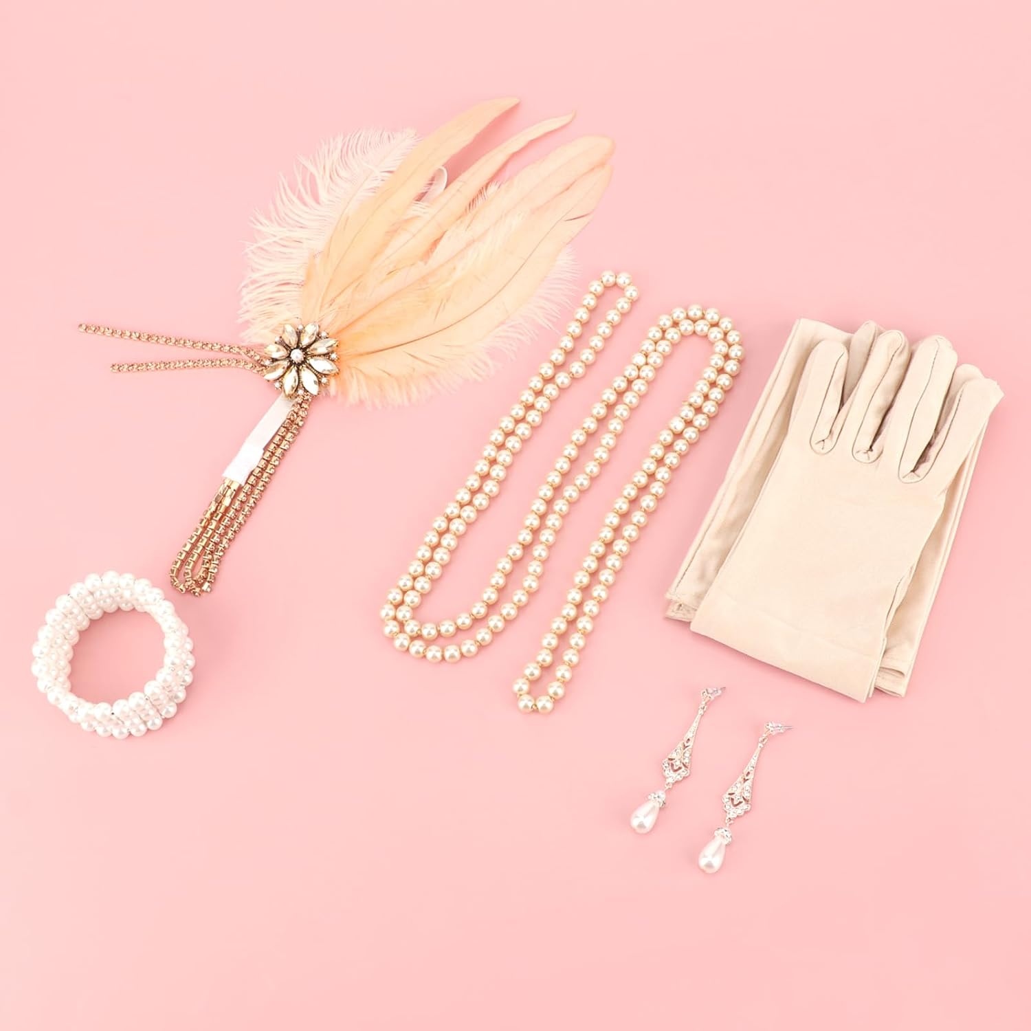image:imageDRESHOW 1920s Great Gatsby Accessories for Women Flapper Headpiece Headband Gloves Costume Harlem Nights Accessories Set1920s Gatsby Champagne Gold Silver Pearl Set