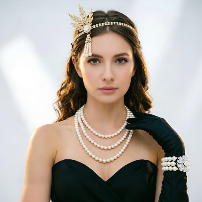 image:imageDRESHOW 1920s Great Gatsby Accessories for Women Flapper Headpiece Headband Gloves Costume Harlem Nights Accessories Set1920s Gatsby Gold Pearl Floral Bracelet Set