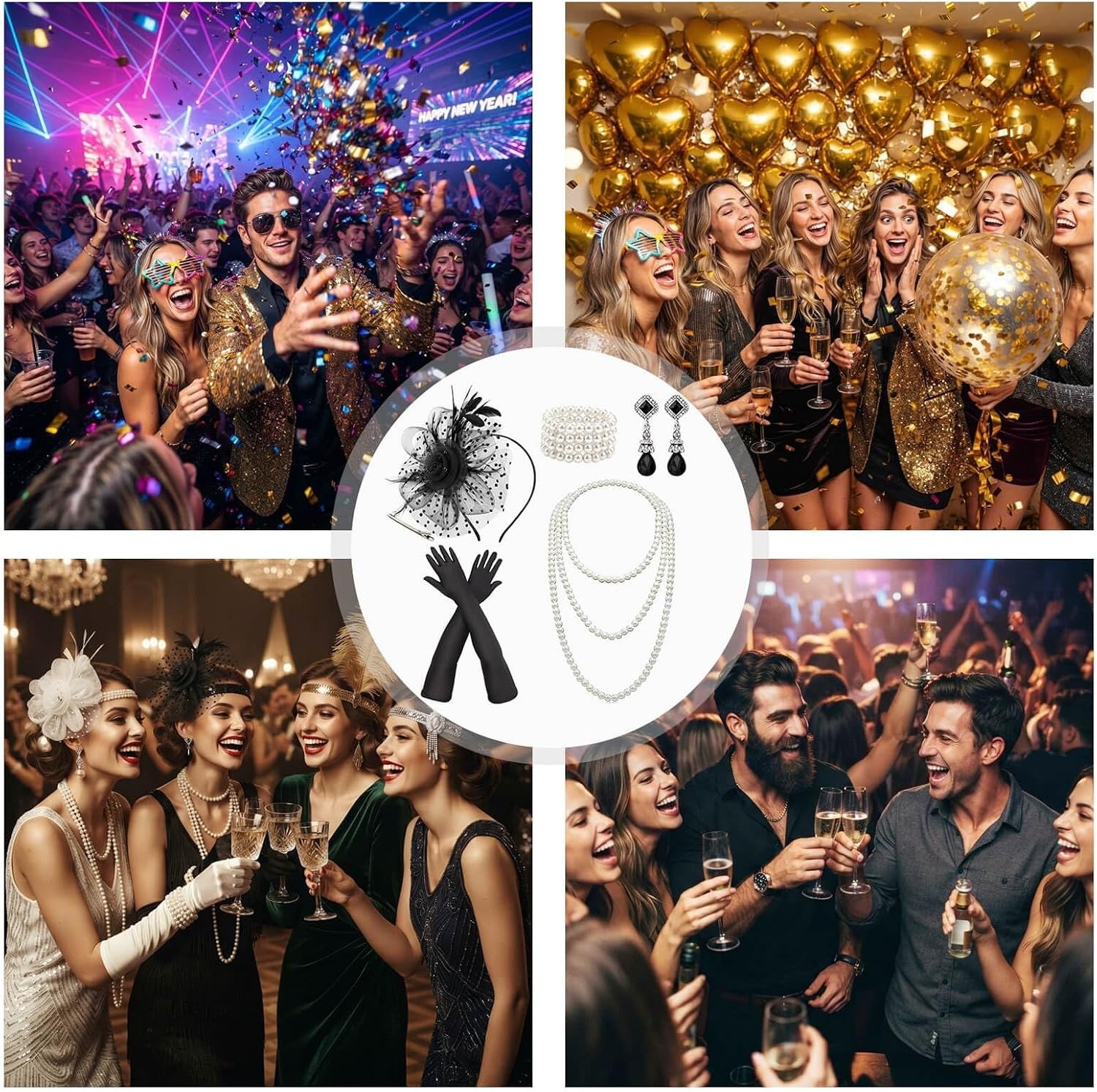 image:imageDRESHOW 1920s Great Gatsby Accessories for Women Flapper Headpiece Headband Gloves Costume Harlem Nights Accessories Set5 Pcs Set Style 2 Black