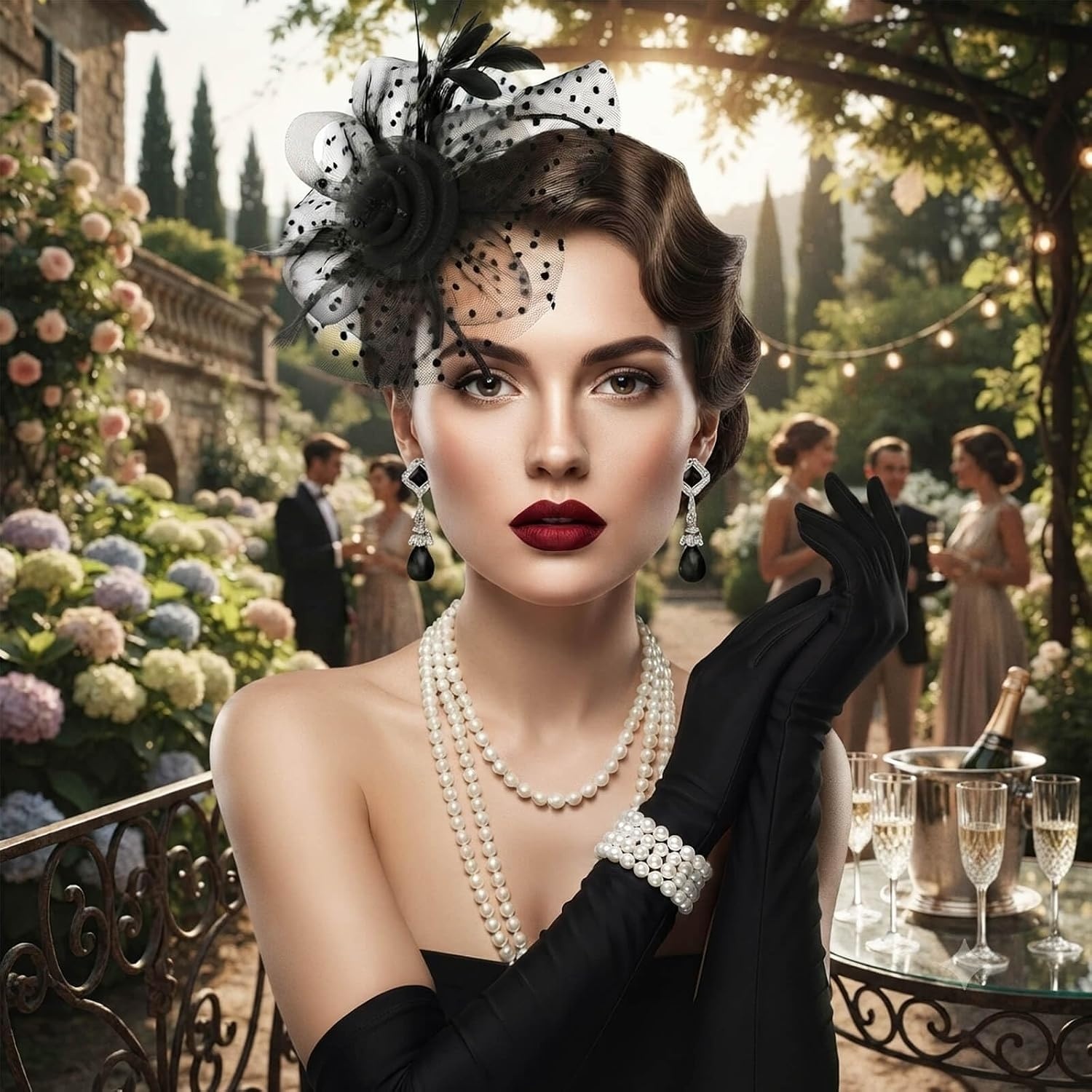 image:imageDRESHOW 1920s Great Gatsby Accessories for Women Flapper Headpiece Headband Gloves Costume Harlem Nights Accessories Set5 Pcs Set Style 2 Black