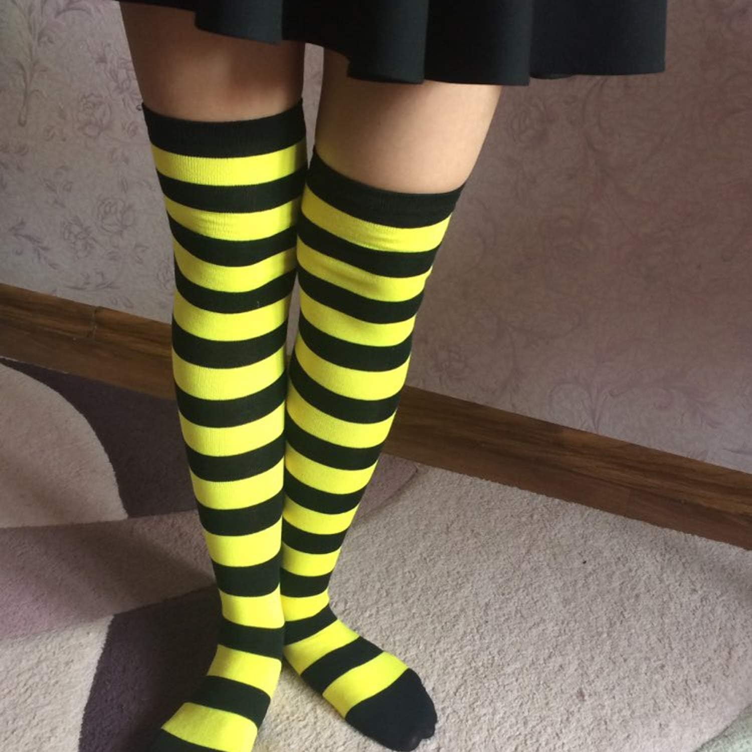 image:imageDRESHOW 6 Pairs High Thigh Socks Striped Over Knee Thin Tights Long Stocking for Women Leg Warmer6 Pairs Black Purple Yellow Navy Red Gray