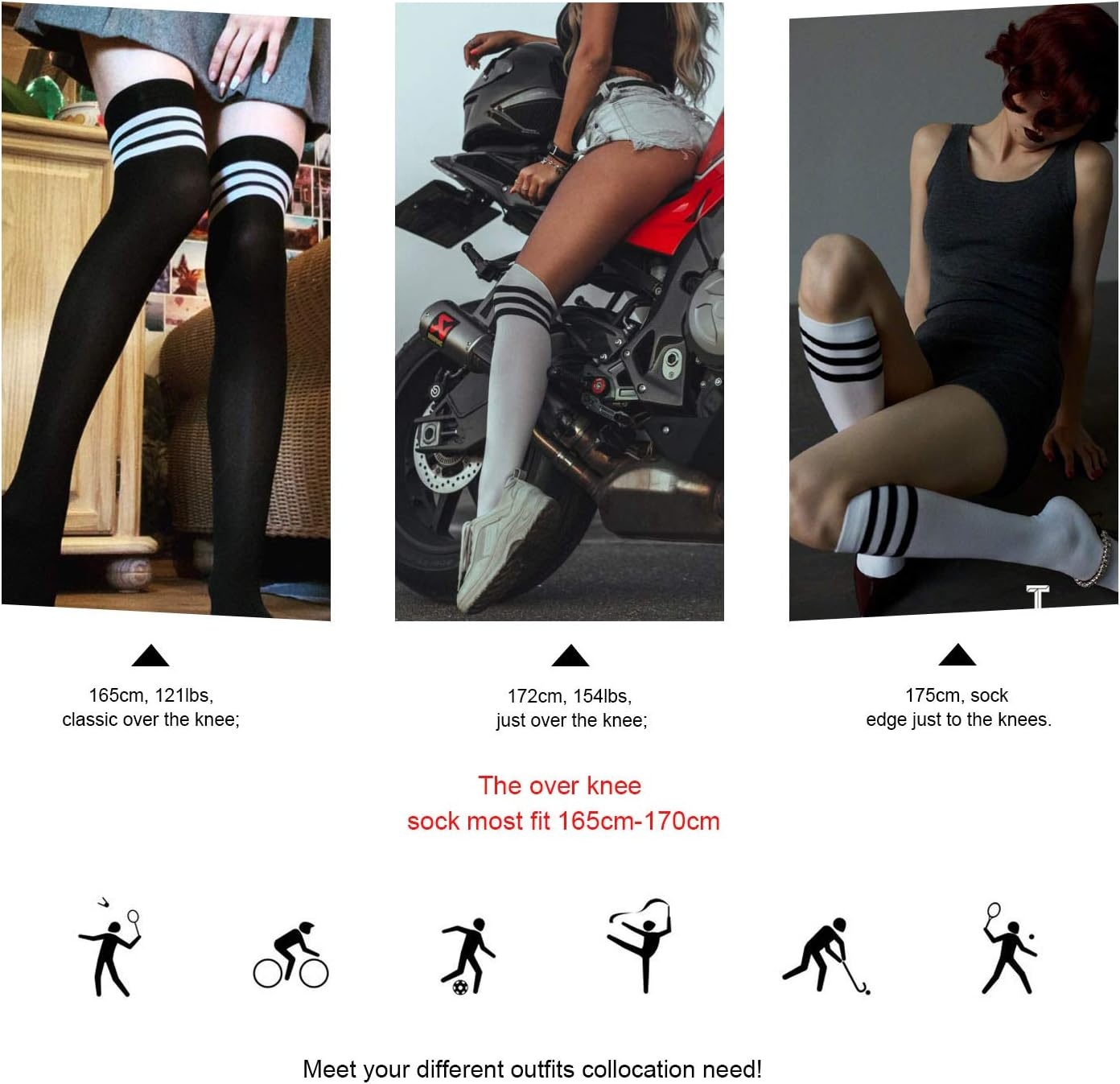 image:imageDRESHOW 6 Pairs High Thigh Socks Striped Over Knee Thin Tights Long Stocking for Women Leg Warmer6 Pairs Black Purple Yellow Navy Red Gray