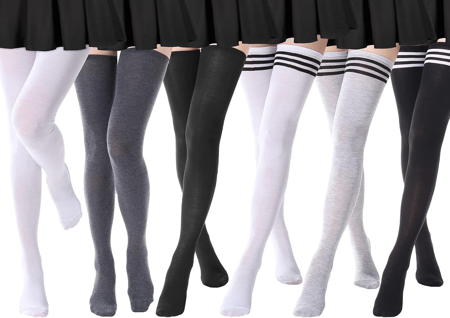 image:imageDRESHOW 6 Pairs High Thigh Socks Striped Over Knee Thin Tights Long Stocking for Women Leg Warmer6 Pairs Extra Long Black White Gray Light Gray