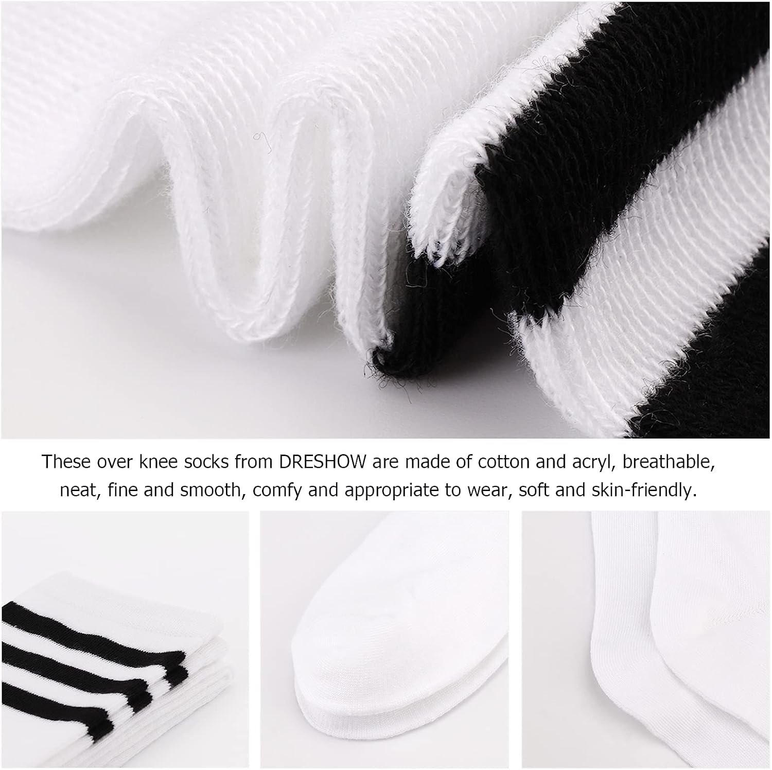 image:imageDRESHOW 6 Pairs High Thigh Socks Striped Over Knee Thin Tights Long Stocking for Women Leg Warmer6 Pairs Extra Long Black White Gray Light Gray