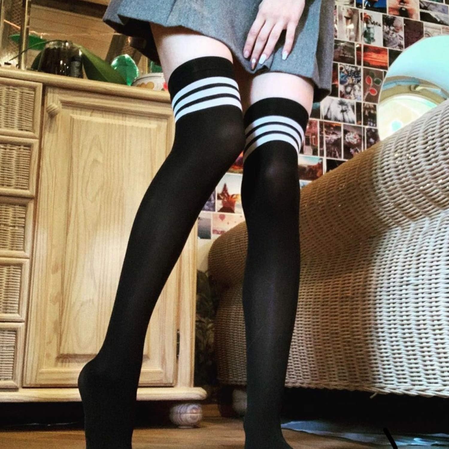 image:imageDRESHOW 6 Pairs High Thigh Socks Striped Over Knee Thin Tights Long Stocking for Women Leg Warmer6 Pairs Gray Black White Wine Red a