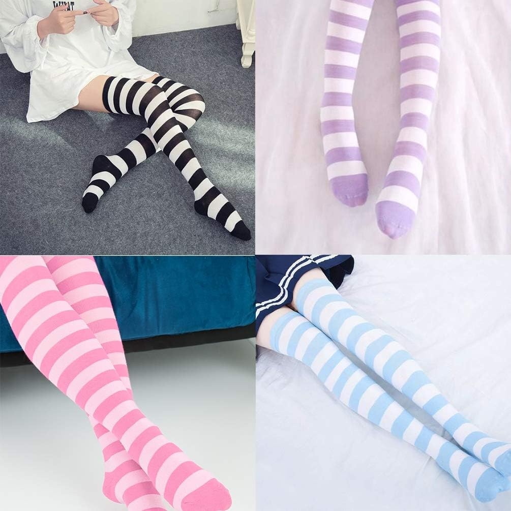 image:imageDRESHOW 6 Pairs High Thigh Socks Striped Over Knee Thin Tights Long Stocking for Women Leg Warmer6 Pairs Pink Blue Purple Black Stripe White Black
