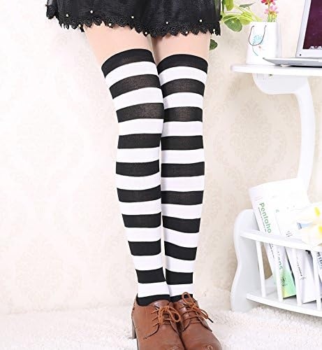 image:imageDRESHOW 6 Pairs High Thigh Socks Striped Over Knee Thin Tights Long Stocking for Women Leg Warmer6 Pairs Striped High Thigh White Pink Black Blackwhite Red Purple