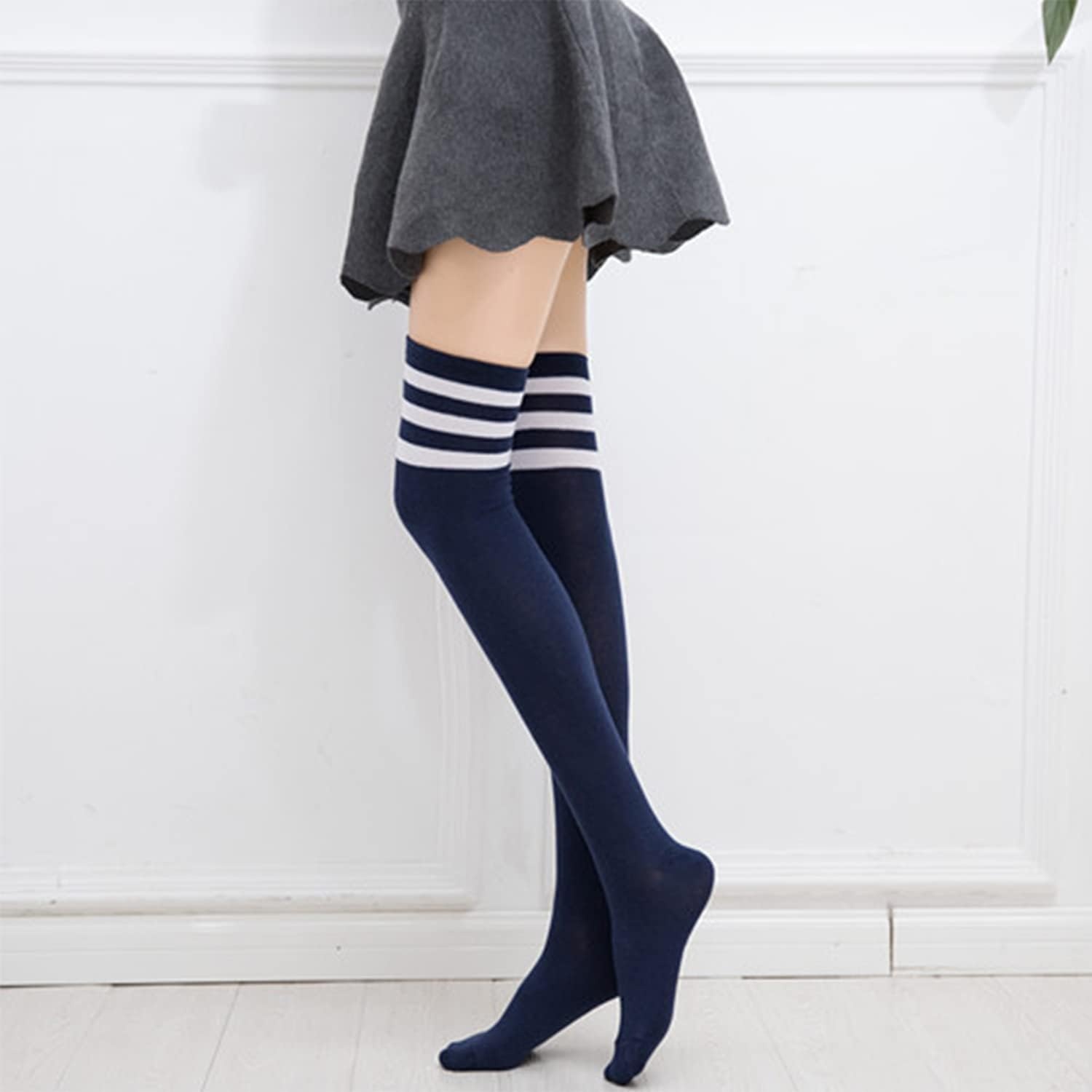 image:imageDRESHOW 6 Pairs High Thigh Socks Striped Over Knee Thin Tights Long Stocking for Women Leg Warmer6 Pairs Striped High Thigh White Pink Black Grey Burgundy Navy Blue
