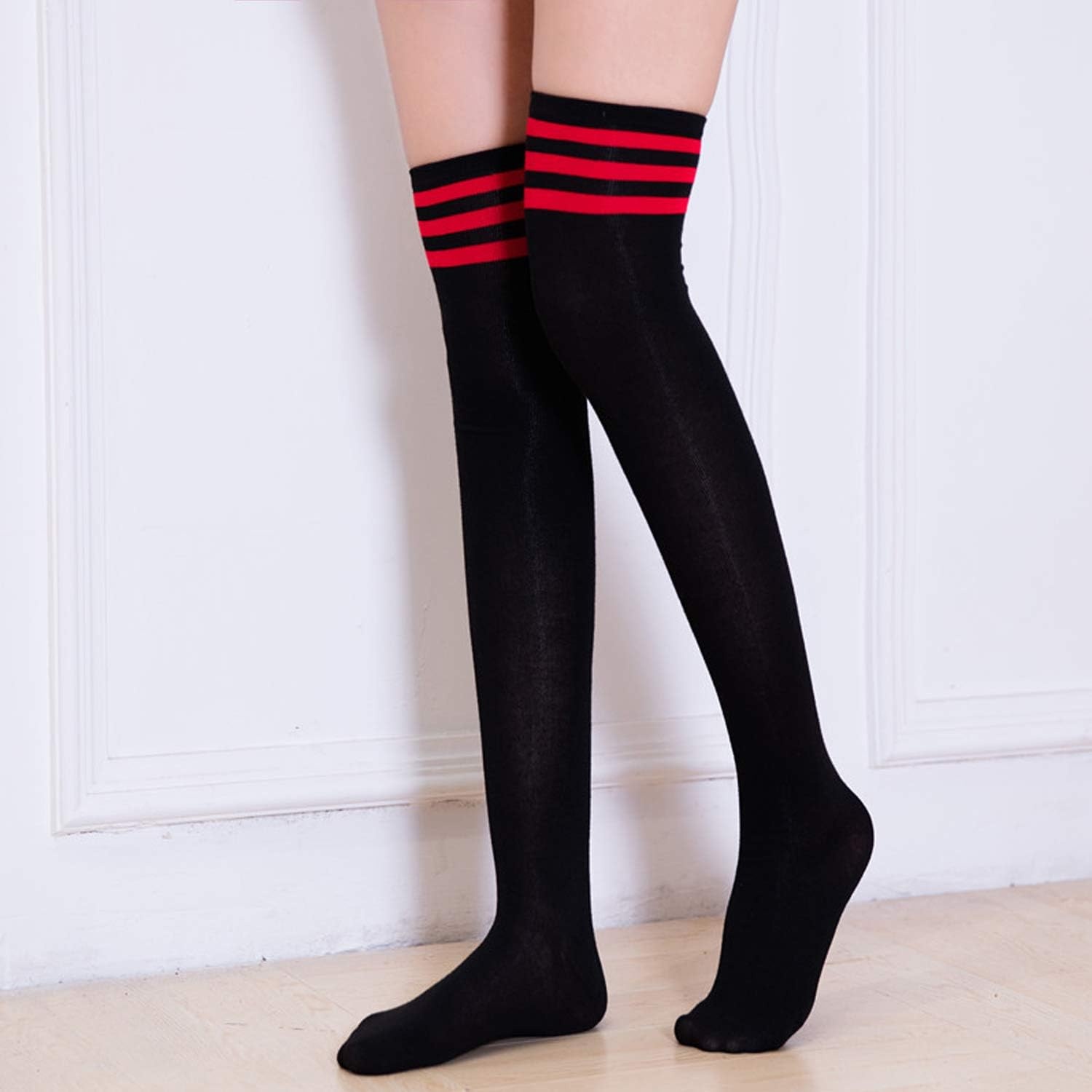 image:imageDRESHOW 6 Pairs High Thigh Socks Striped Over Knee Thin Tights Long Stocking for Women Leg Warmer6 Pairs White Black Navy Wine Red
