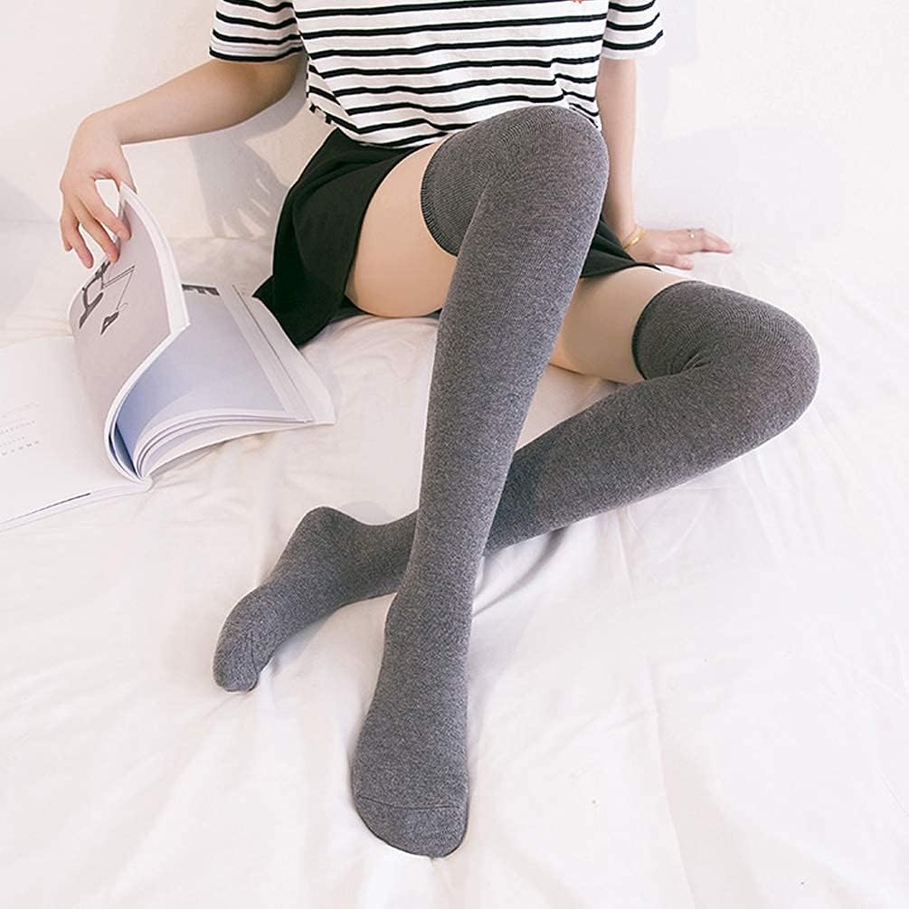 image:imageDRESHOW 6 Pairs High Thigh Socks Striped Over Knee Thin Tights Long Stocking for Women Leg Warmer6 Pairs White Light Gray Gray Burgundy Black Mustard