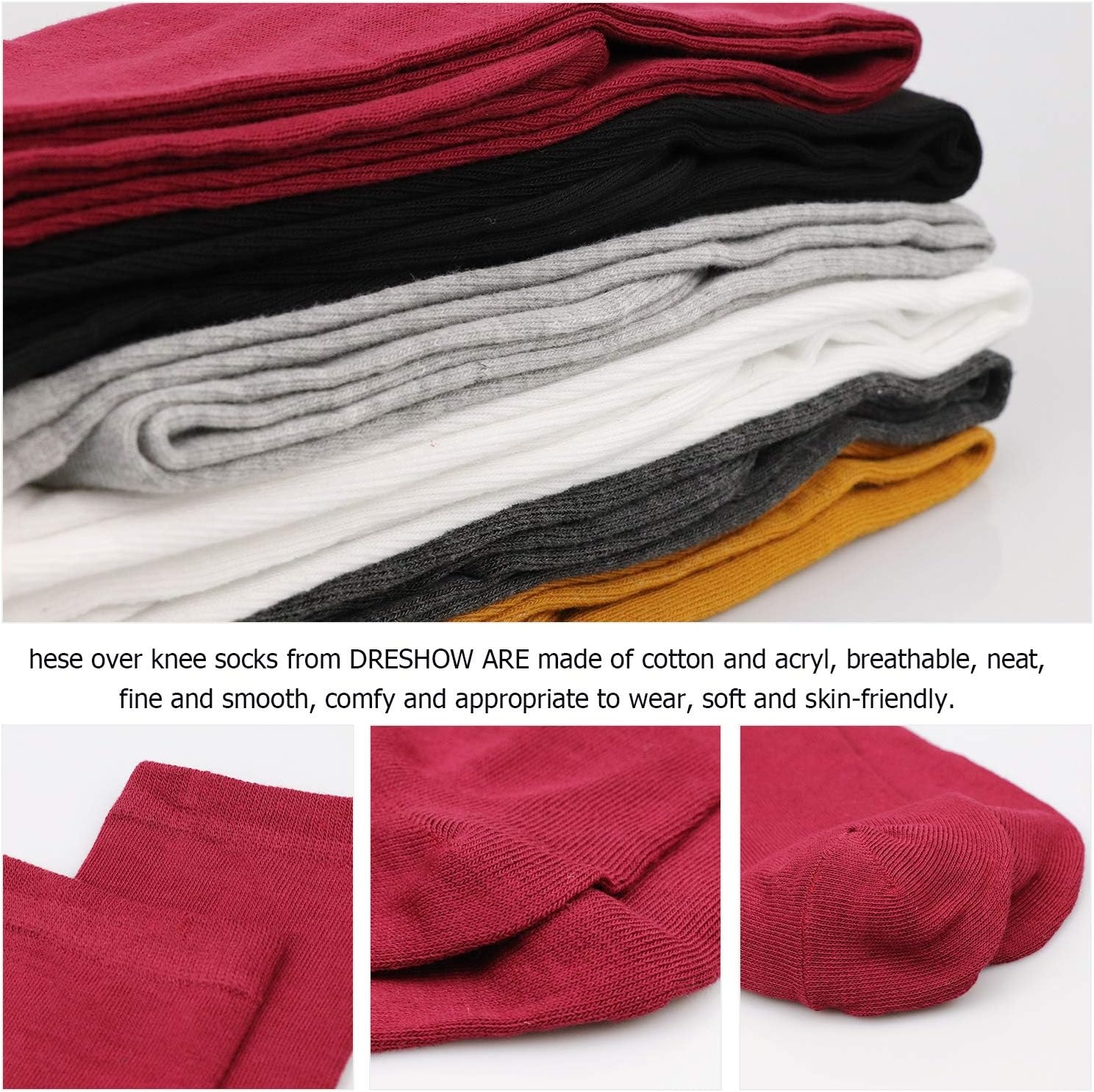 image:imageDRESHOW 6 Pairs High Thigh Socks Striped Over Knee Thin Tights Long Stocking for Women Leg Warmer6 Pairs White Light Gray Gray Burgundy Black Mustard