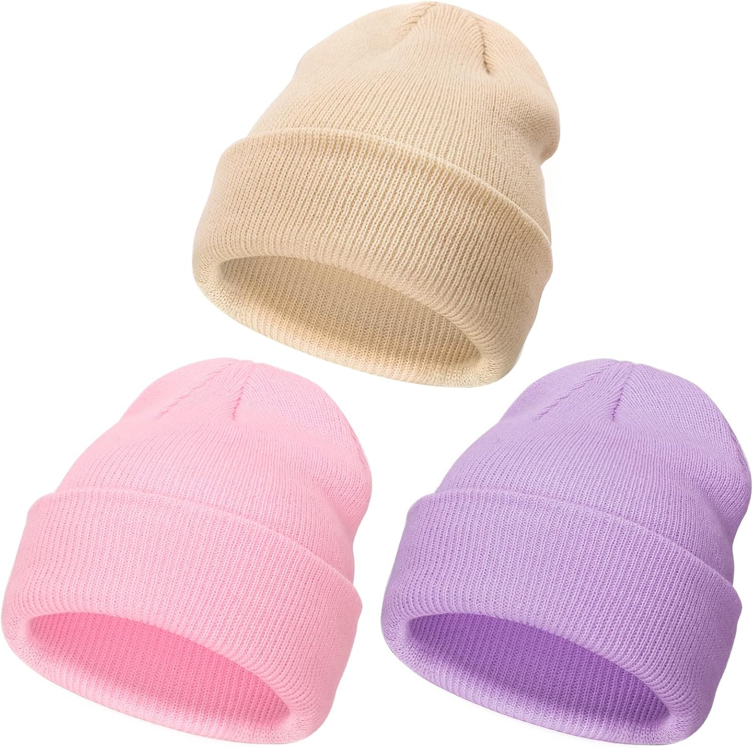 image:imageDRESHOW BQUBO 3 Pack Baby Beanies Toddler Kids Winter Hats Soft Knit Hat for Baby Boys Girls Warm Cap Beanies3 Pack Knit Cap Beige Pink Light Purple