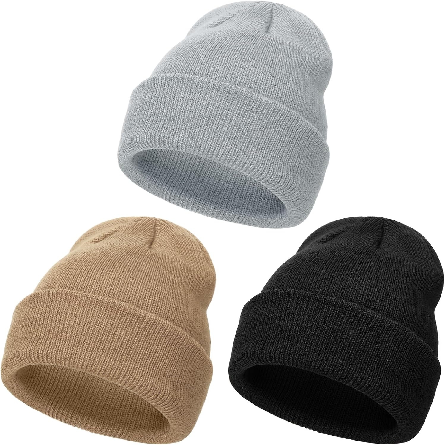 image:imageDRESHOW BQUBO 3 Pack Baby Beanies Toddler Kids Winter Hats Soft Knit Hat for Baby Boys Girls Warm Cap Beanies3 Pack Knit Cap Light Grey Khaki Black