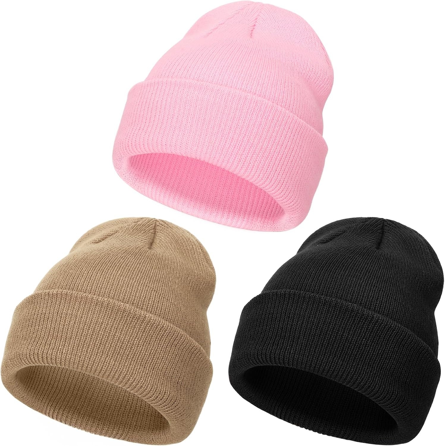image:imageDRESHOW BQUBO 3 Pack Baby Beanies Toddler Kids Winter Hats Soft Knit Hat for Baby Boys Girls Warm Cap Beanies3 Pack Knit Cap Pink Khaki Black