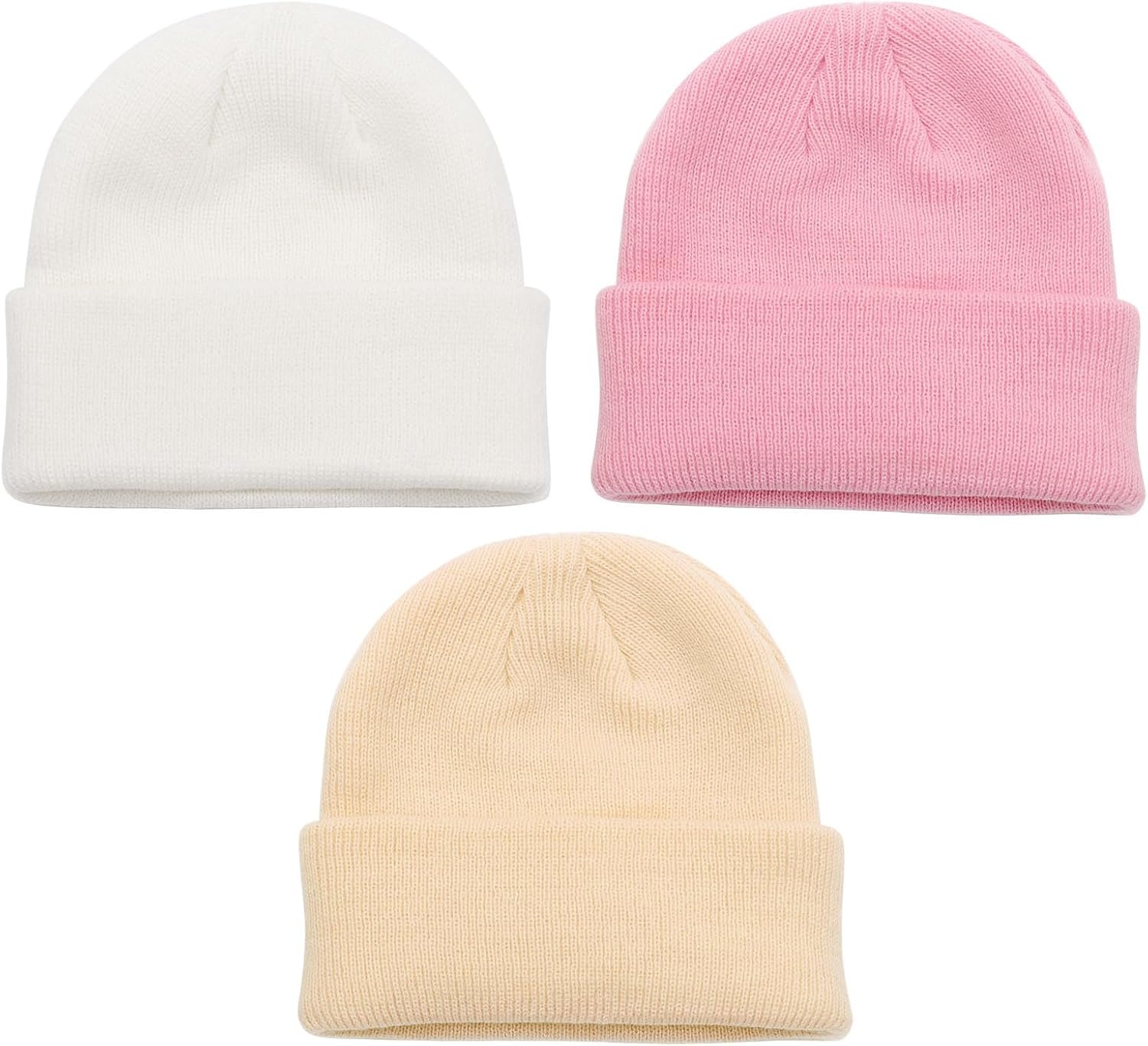 image:imageDRESHOW BQUBO 3 Pack Baby Beanies Toddler Kids Winter Hats Soft Knit Hat for Baby Boys Girls Warm Cap Beanies3 Pack Knit Cap White Beige Light Pink