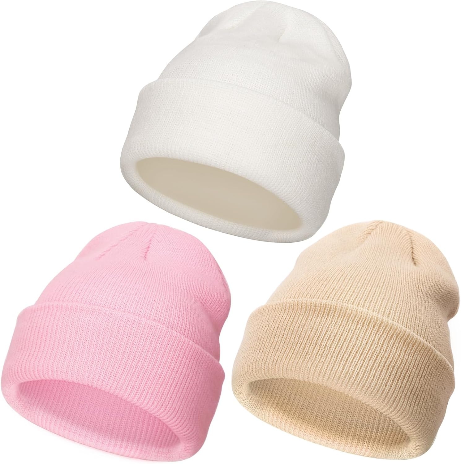 image:imageDRESHOW BQUBO 3 Pack Baby Beanies Toddler Kids Winter Hats Soft Knit Hat for Baby Boys Girls Warm Cap Beanies3 Pack Knit Cap White Beige Light Pink