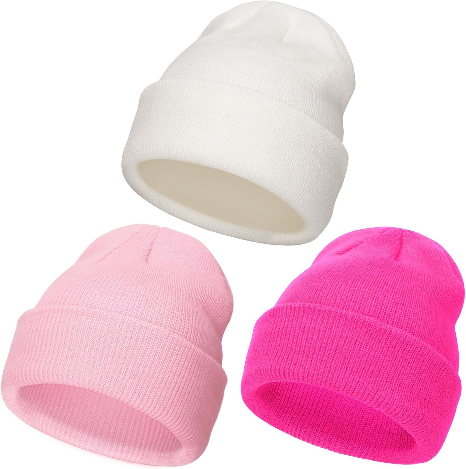 image:imageDRESHOW BQUBO 3 Pack Baby Beanies Toddler Kids Winter Hats Soft Knit Hat for Baby Boys Girls Warm Cap Beanies3 Pack Knit Cap White Light Pink Rose
