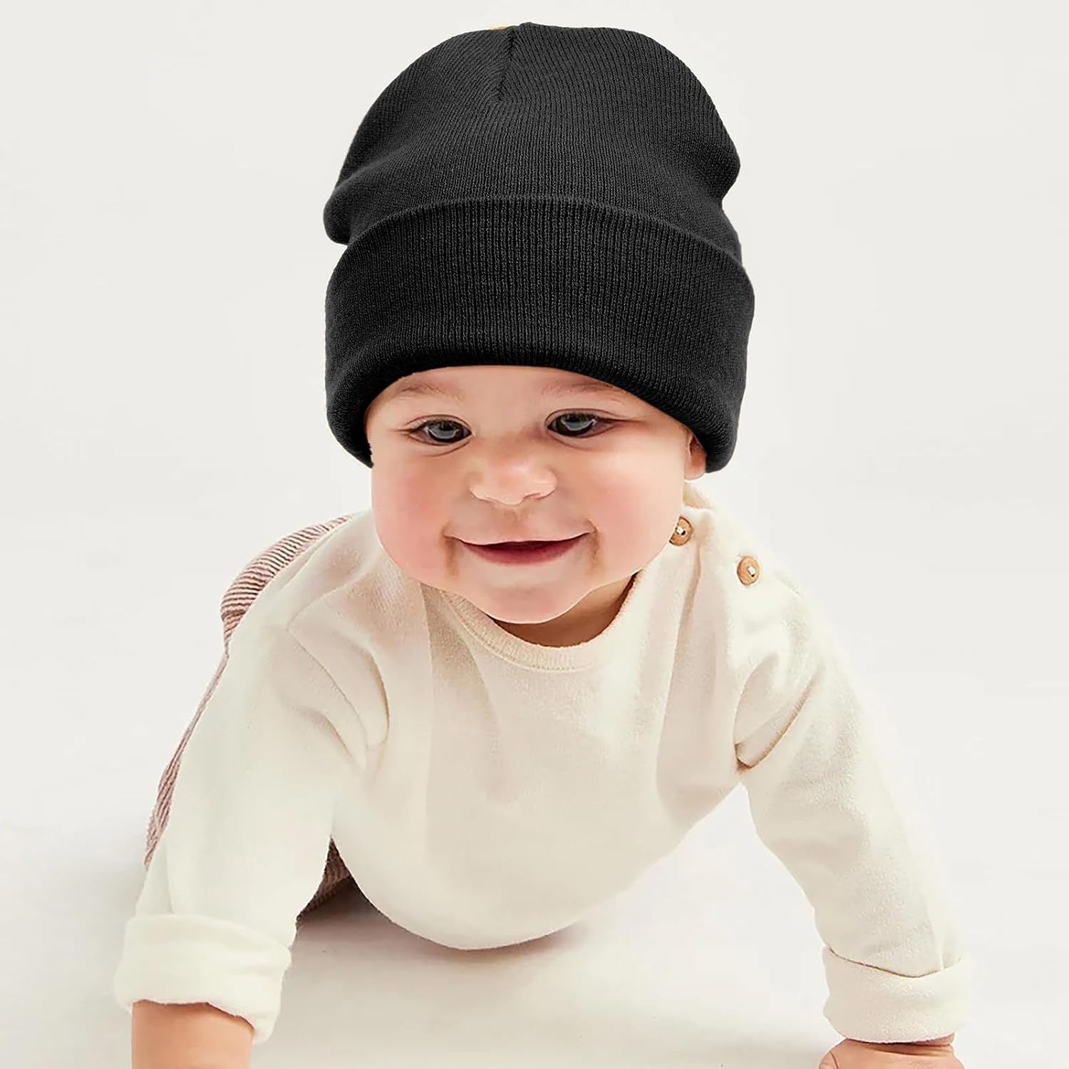 image:imageDRESHOW BQUBO 3 Pack Baby Beanies Toddler Kids Winter Hats Soft Knit Hat for Baby Boys Girls Warm Cap Beanies3 Sets Knit Hat Mittens Beige Caramel Black