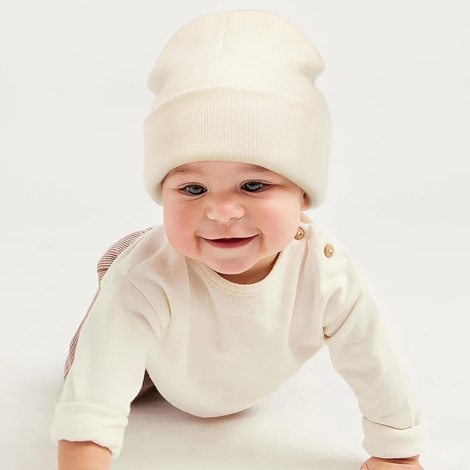 image:imageDRESHOW BQUBO 3 Pack Baby Beanies Toddler Kids Winter Hats Soft Knit Hat for Baby Boys Girls Warm Cap Beanies3 Sets Knit Hat Mittens Ivory White Beige Light Pink