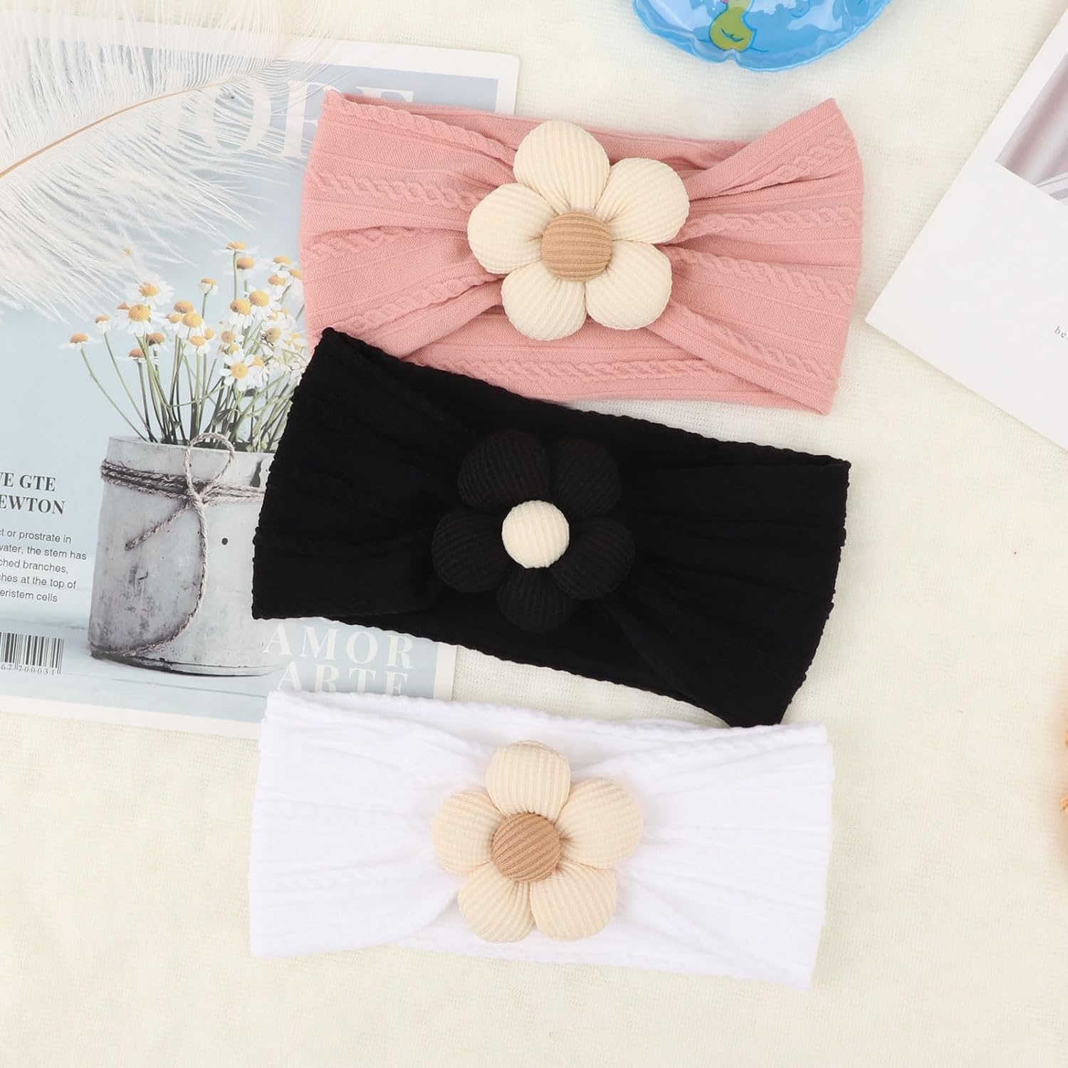 image:imageDRESHOW BQUBO Handmade Baby Headbands Soft amp Stretchy Hair Bands with Bows Nylon Bows Hairbands for Girls Newborn Infant Toddlers Hair Accessories 3 pack3 Pcs WhitePinkBlack