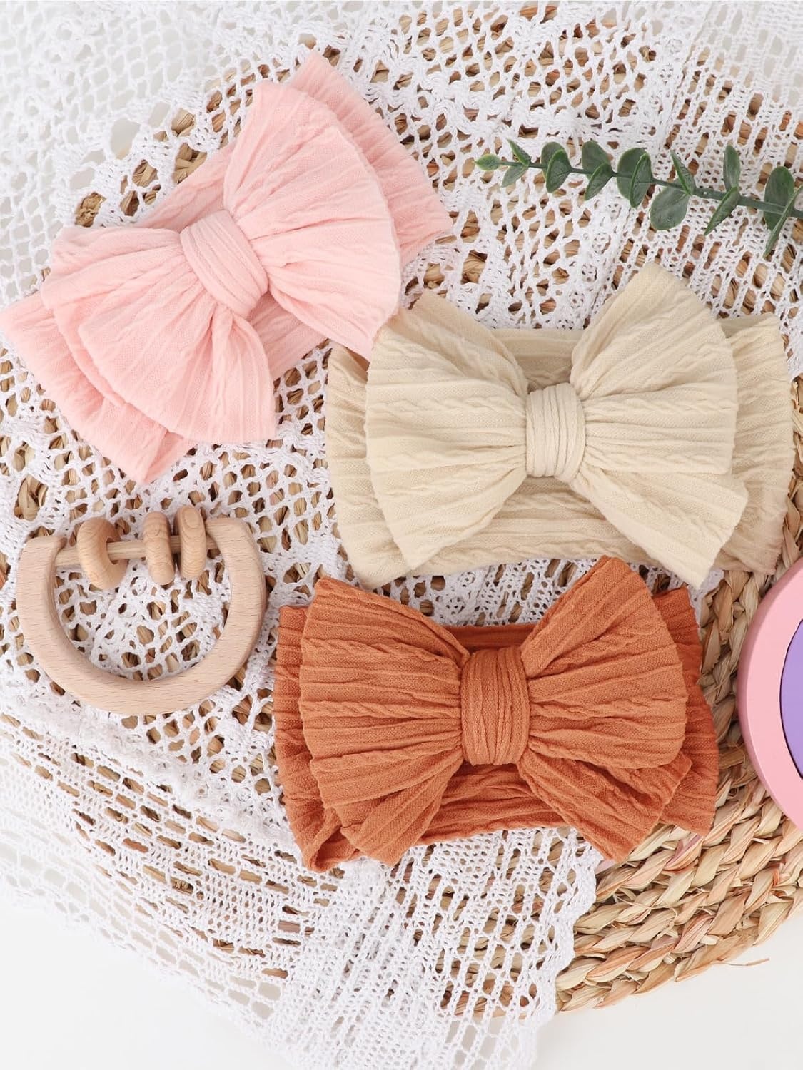 image:imageDRESHOW BQUBO Handmade Baby Headbands Soft amp Stretchy Hair Bands with Bows Nylon Bows Hairbands for Girls Newborn Infant Toddlers Hair Accessories 3 pack3 Pcs Baby Bow Headband Set Rust Pink Cream