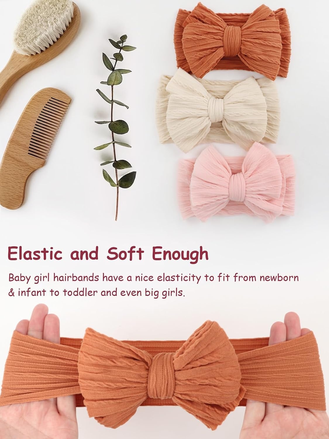 image:imageDRESHOW BQUBO Handmade Baby Headbands Soft amp Stretchy Hair Bands with Bows Nylon Bows Hairbands for Girls Newborn Infant Toddlers Hair Accessories 3 pack3 Pcs Baby Bow Headband Set Rust Pink Cream