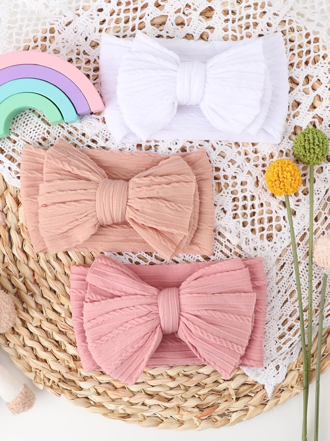 image:imageDRESHOW BQUBO Handmade Baby Headbands Soft amp Stretchy Hair Bands with Bows Nylon Bows Hairbands for Girls Newborn Infant Toddlers Hair Accessories 3 pack3 Pack Bow Knit Spiral Patterned White Beigepink Pink