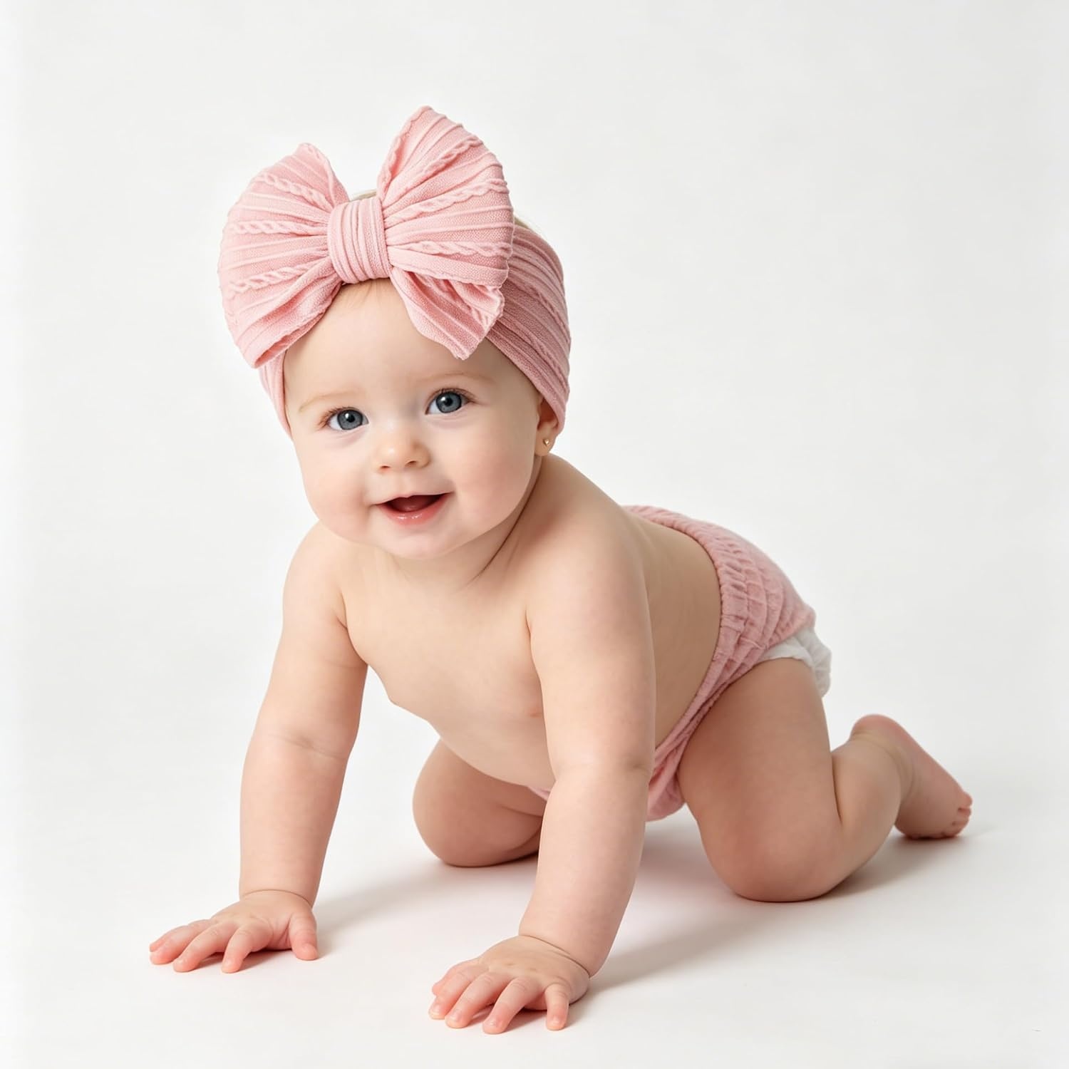 image:imageDRESHOW BQUBO Handmade Baby Headbands Soft amp Stretchy Hair Bands with Bows Nylon Bows Hairbands for Girls Newborn Infant Toddlers Hair Accessories 3 pack3 Pcs Baby Bow Headband Set Rust Pink Cream