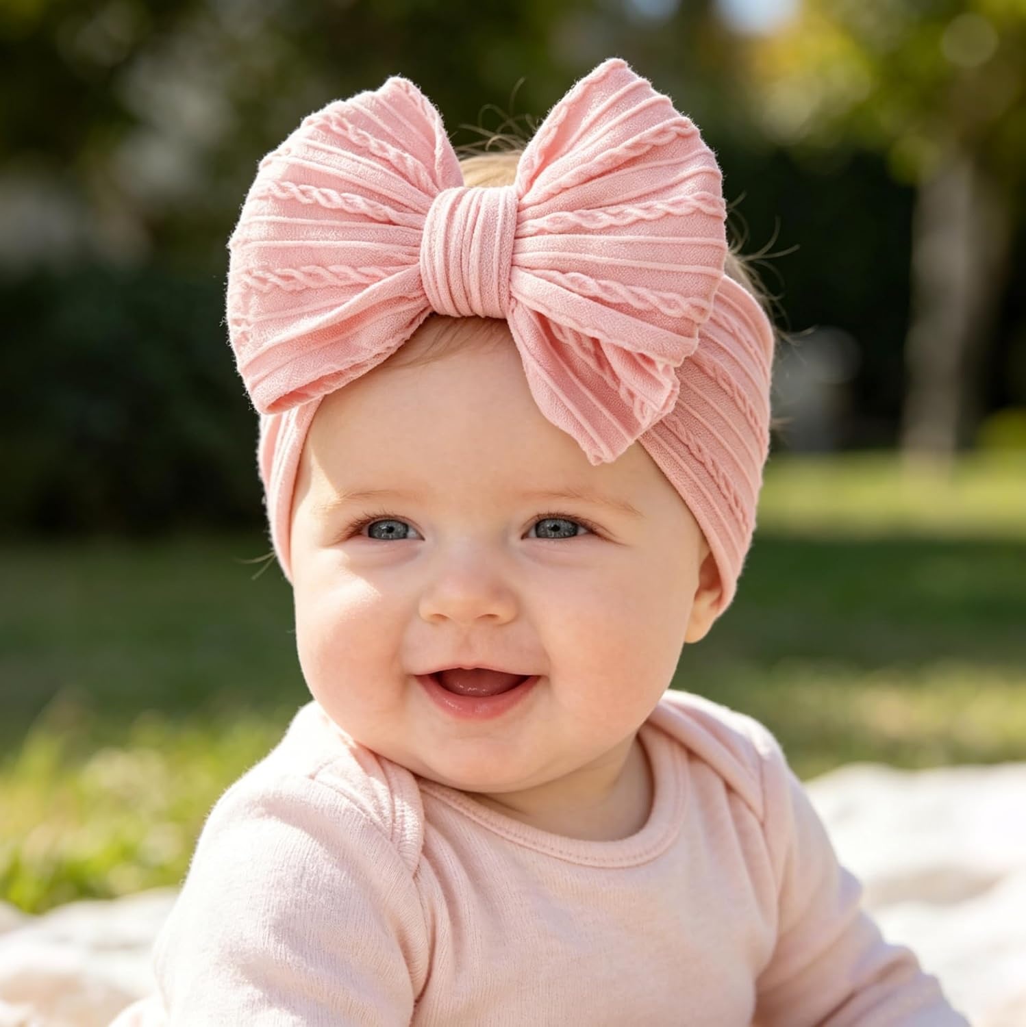 image:imageDRESHOW BQUBO Handmade Baby Headbands Soft amp Stretchy Hair Bands with Bows Nylon Bows Hairbands for Girls Newborn Infant Toddlers Hair Accessories 3 pack3 Pack Twists Patterned Bows Light Pink Pink Beige