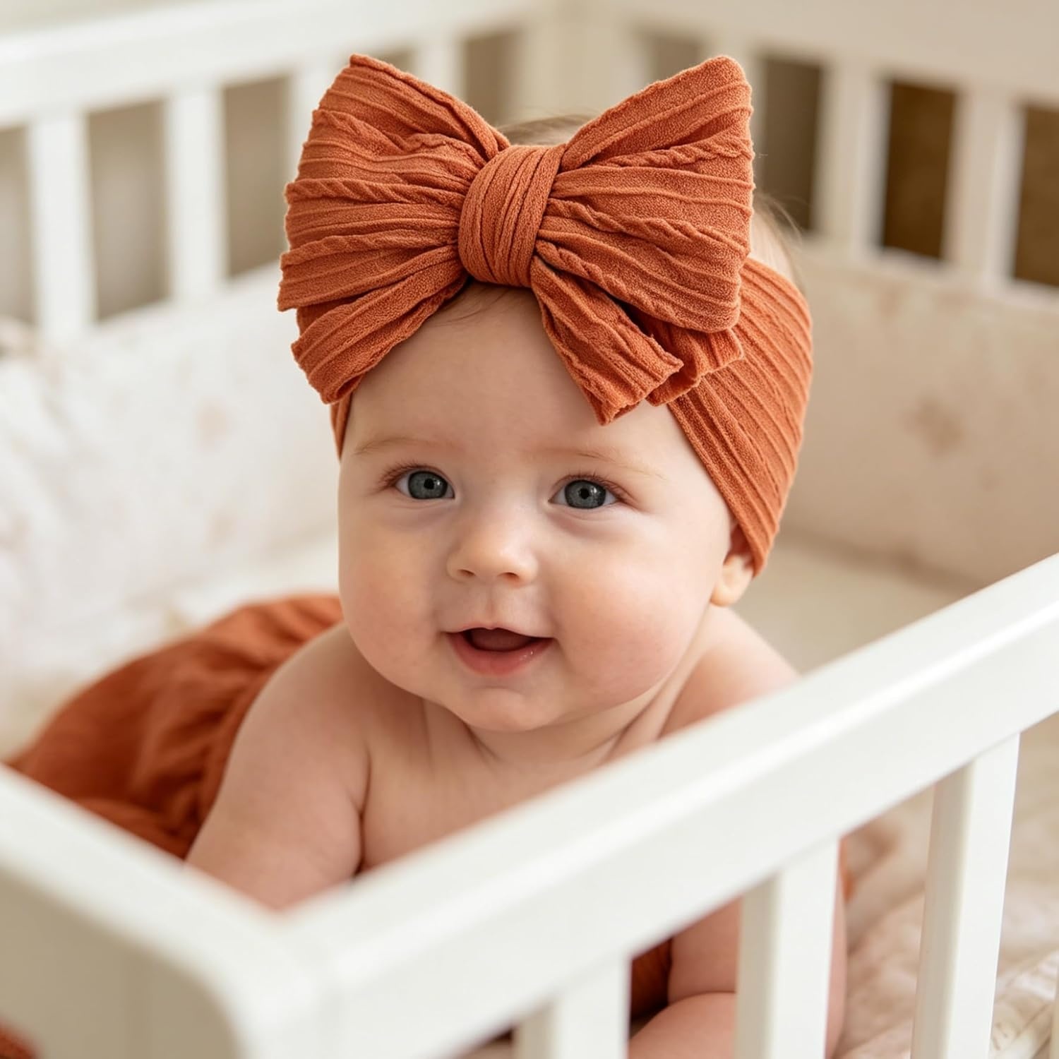 image:imageDRESHOW BQUBO Handmade Baby Headbands Soft amp Stretchy Hair Bands with Bows Nylon Bows Hairbands for Girls Newborn Infant Toddlers Hair Accessories 3 pack3 Pcs Baby Bow Headband Set Rust Pink Cream