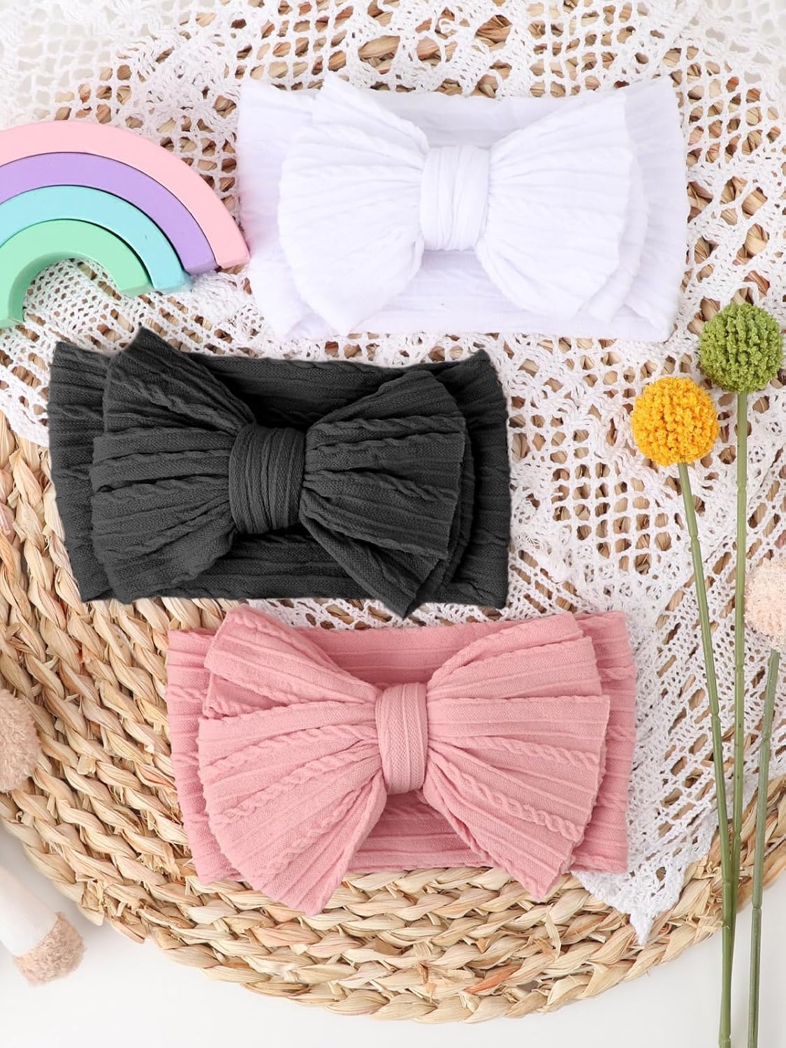 image:imageDRESHOW BQUBO Handmade Baby Headbands Soft amp Stretchy Hair Bands with Bows Nylon Bows Hairbands for Girls Newborn Infant Toddlers Hair Accessories 3 pack3 Pack Bow Knit Spiral Patterned White Pink Black