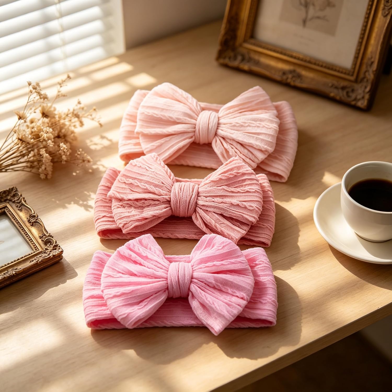 image:imageDRESHOW BQUBO Handmade Baby Headbands Soft amp Stretchy Hair Bands with Bows Nylon Bows Hairbands for Girls Newborn Infant Toddlers Hair Accessories 3 pack3 Pack Twists Patterned Bows Pink Light Pink Barbie Pink