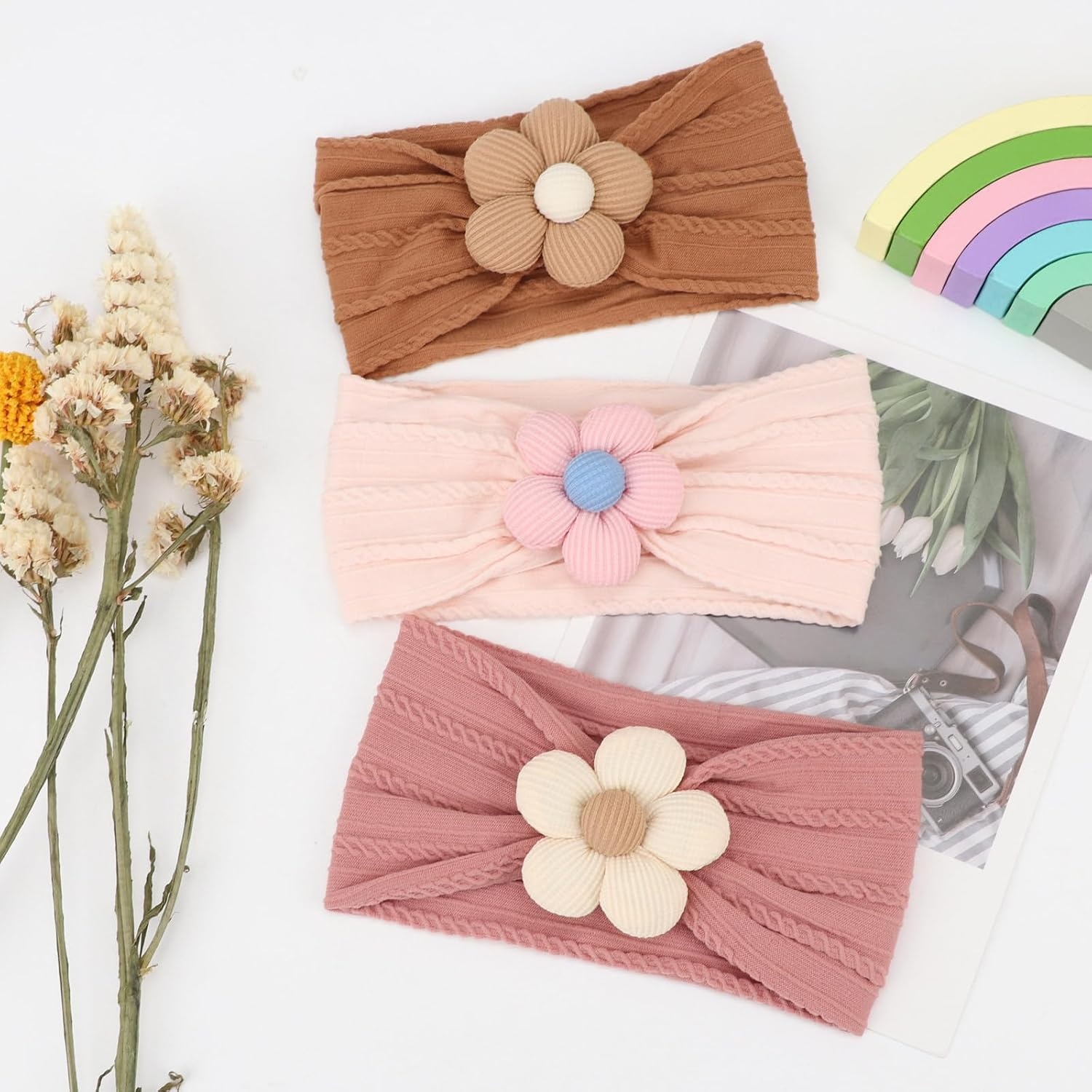 image:imageDRESHOW BQUBO Handmade Baby Headbands Soft amp Stretchy Hair Bands with Bows Nylon Bows Hairbands for Girls Newborn Infant Toddlers Hair Accessories 3 pack3 Pcs Light PinkPinkCoffee