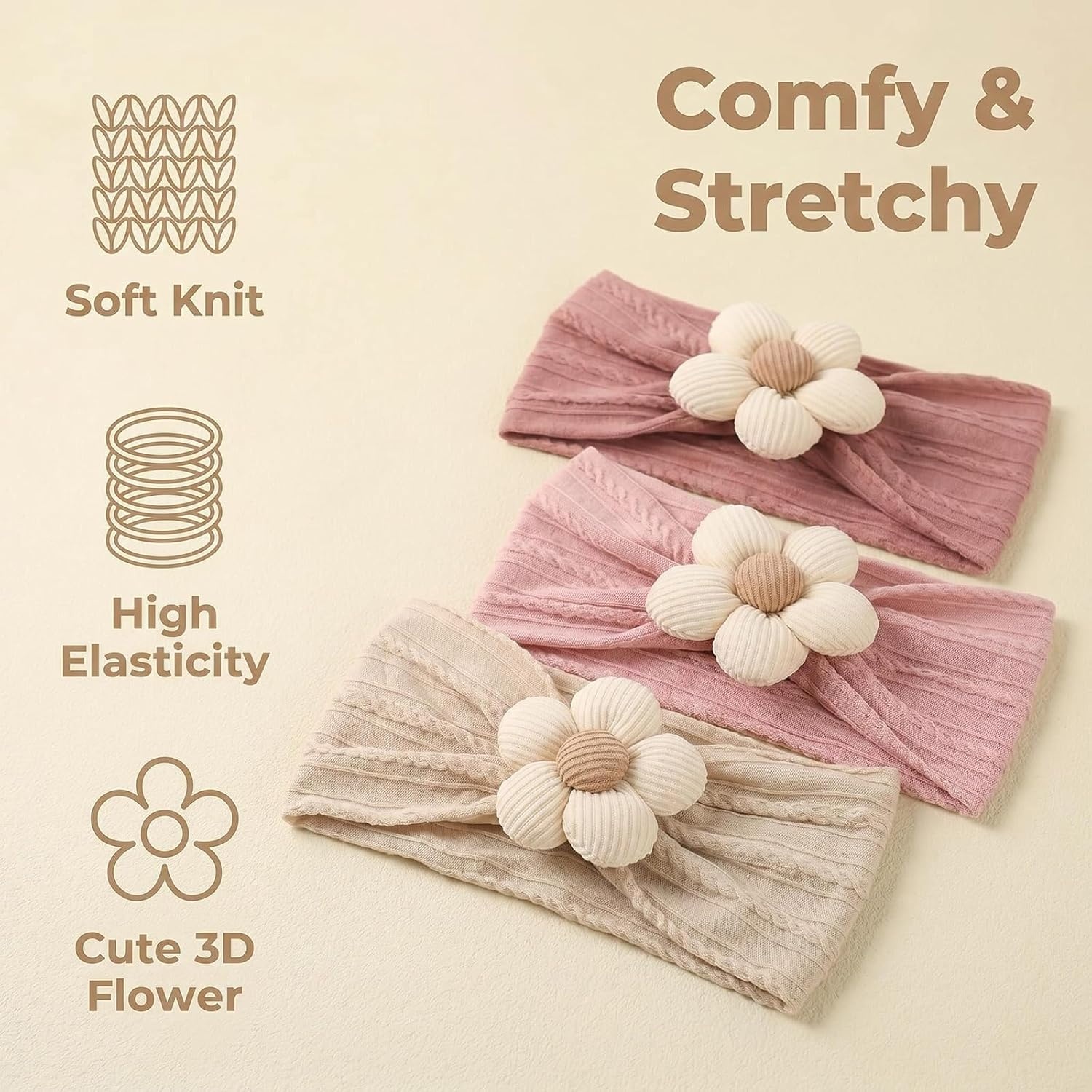 image:imageDRESHOW BQUBO Handmade Baby Headbands Soft amp Stretchy Hair Bands with Bows Nylon Bows Hairbands for Girls Newborn Infant Toddlers Hair Accessories 3 pack3 Pcs BeigePinkDark Pink